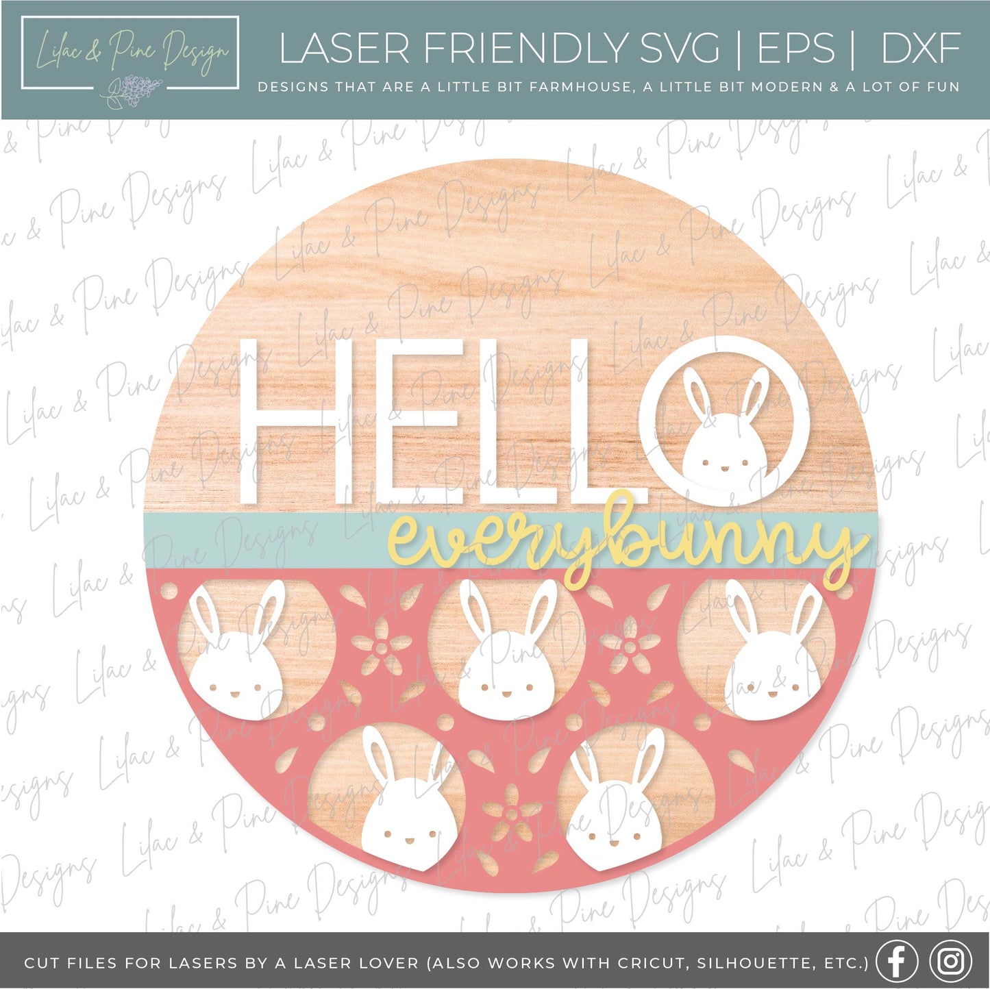Hello Everybunny door hanger, Easter welcome sign, cute Easter bunny SVG, Glowforge SVG, laser cut file