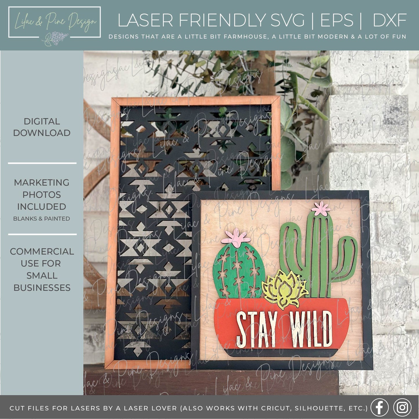 Southwestern inspired sign duo, Stay wild SVG, cactus sign set, desert decor SVG, Glowforge SVG, laser cut file