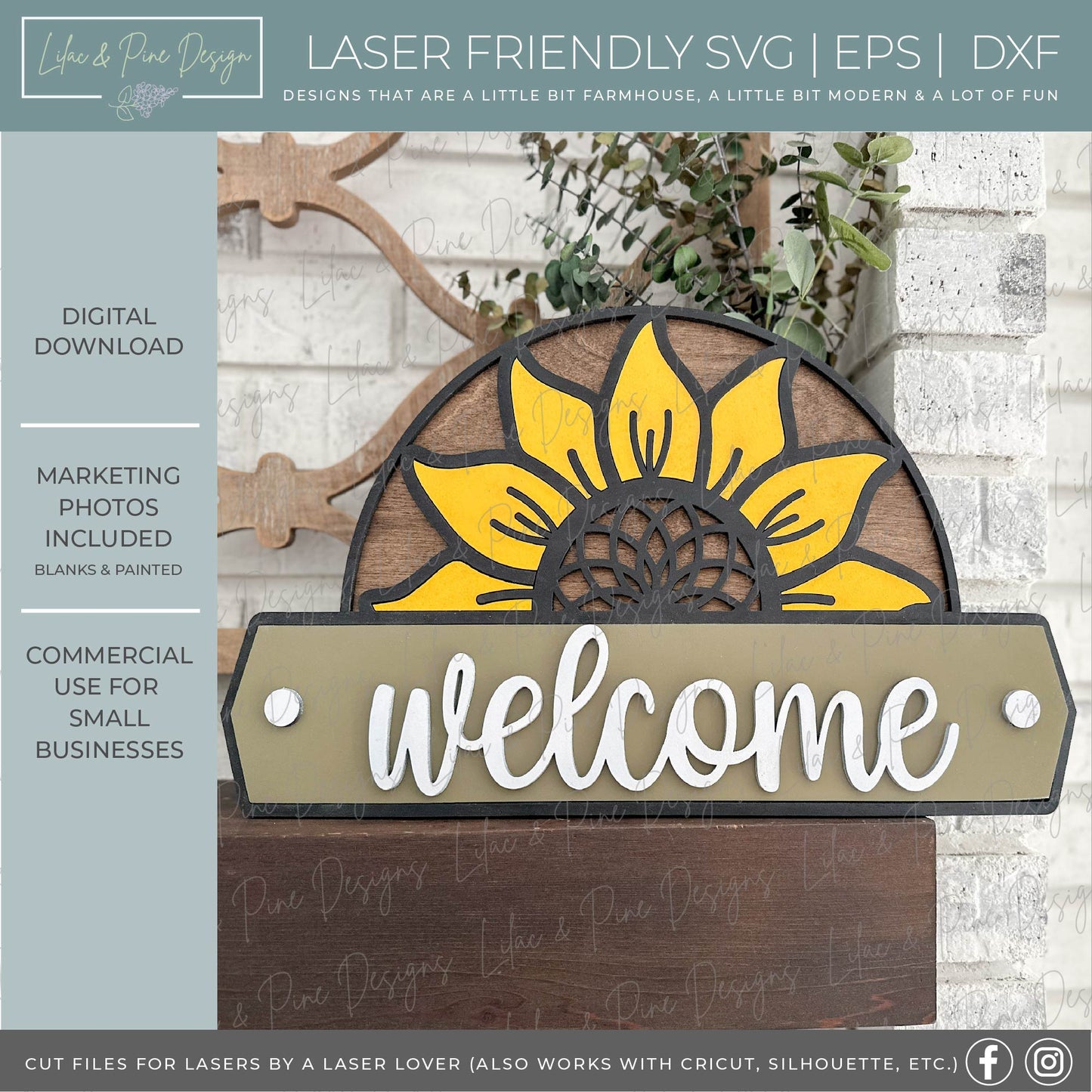Sunflower welcome sign, shaped door hanger, summer porch sign, fall porch decor, Glowforge SVG, laser cut file