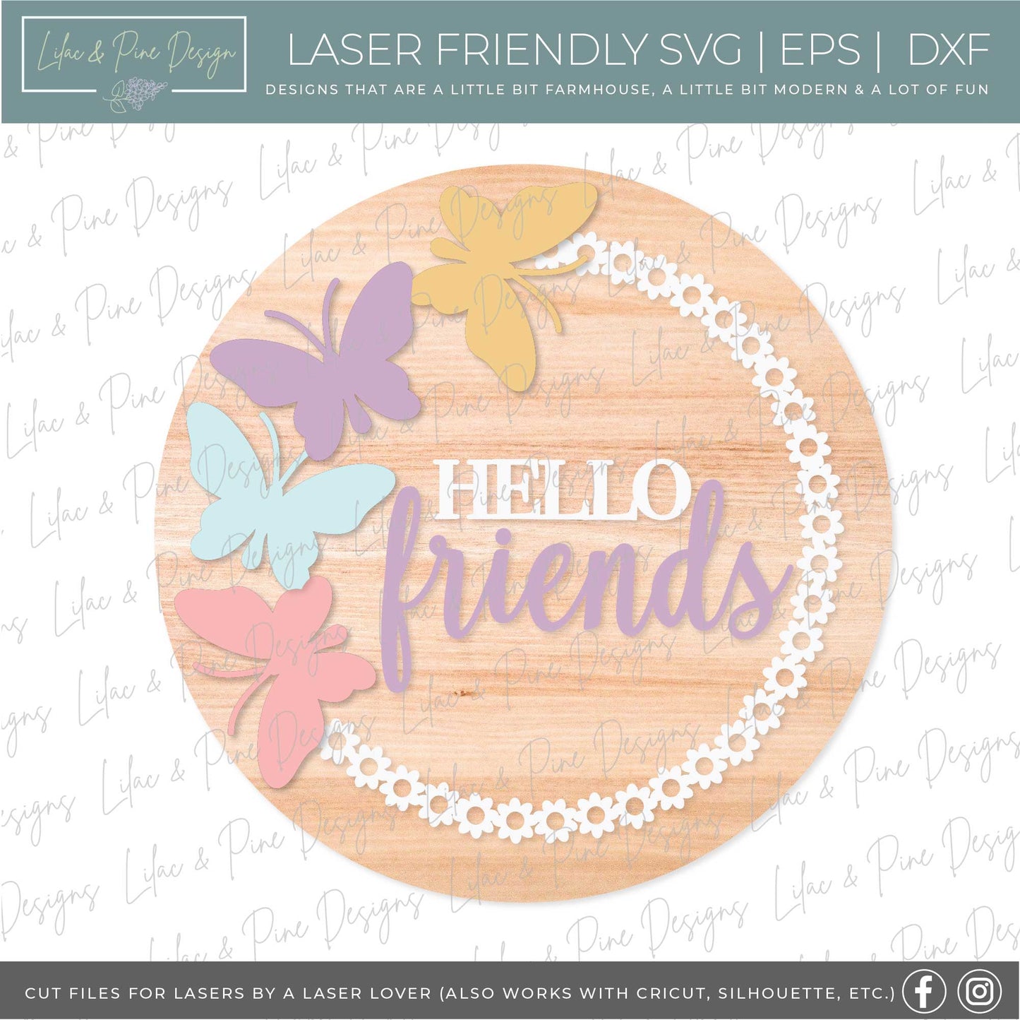 Hello friends butterfly door hanger, spring welcome sign, summer porch decor, baby name sign, Glowforge SVG, laser cut file