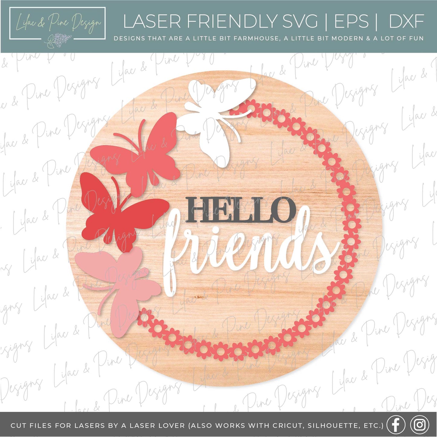Hello friends butterfly door hanger, spring welcome sign, summer porch decor, baby name sign, Glowforge SVG, laser cut file