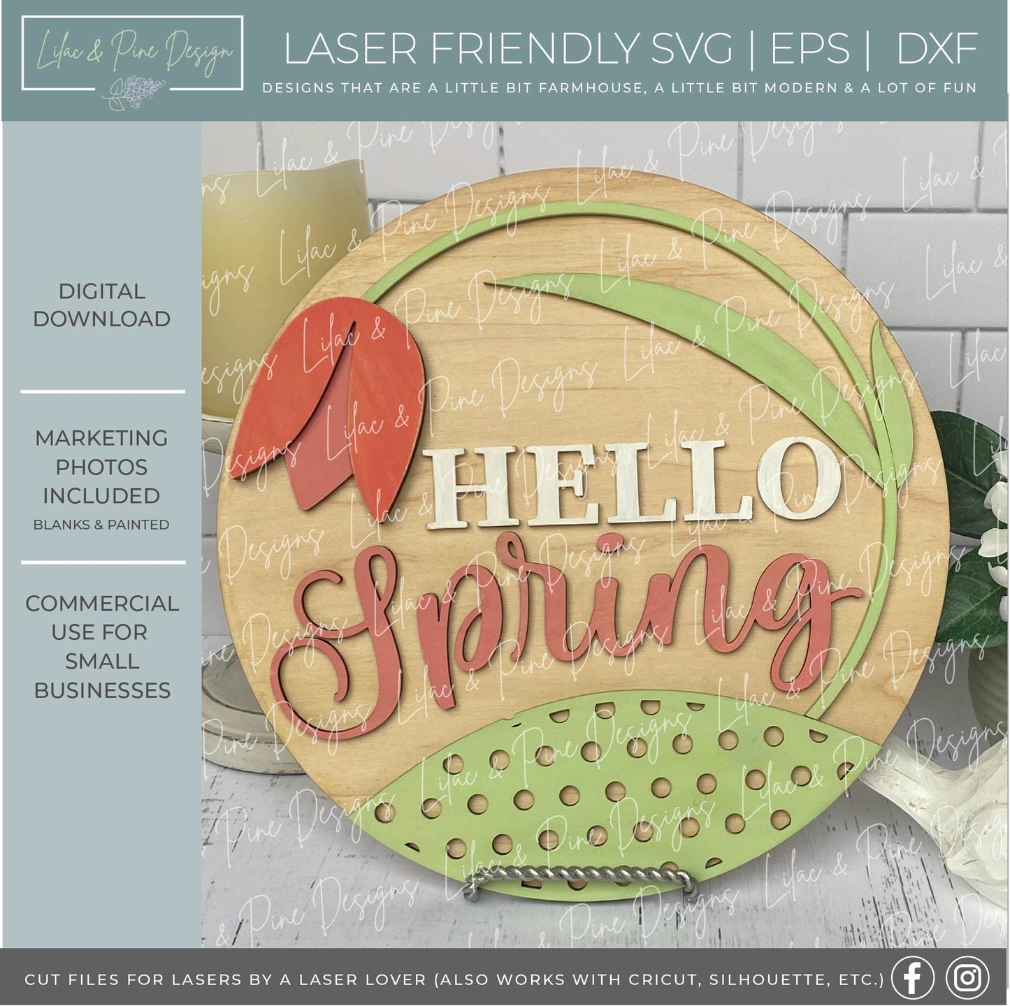 Hello Spring door hanger, Tulip welcome sign, floral round sign, Glowforge SVG, laser cut file