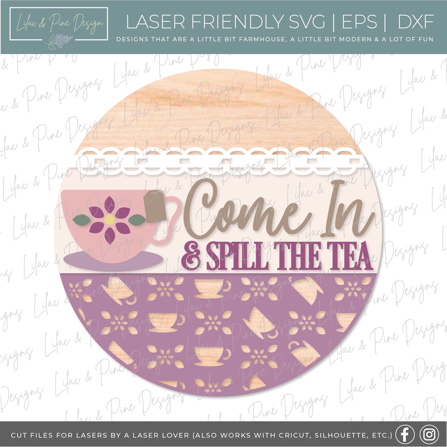 Spill the Tea SVG, tea party welcome sign, cottage core door hanger, Glowforge SVG, laser cut file