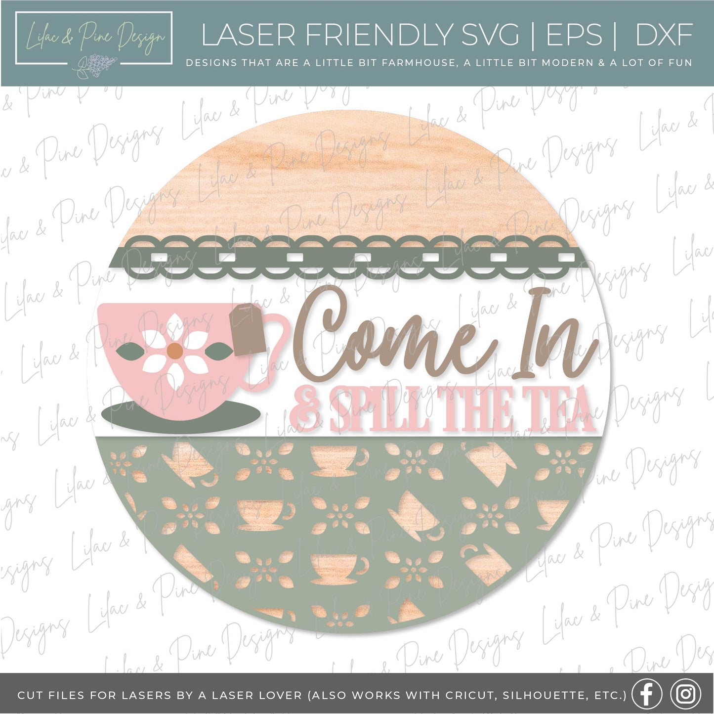 Spill the Tea SVG, tea party welcome sign, cottage core door hanger, Glowforge SVG, laser cut file
