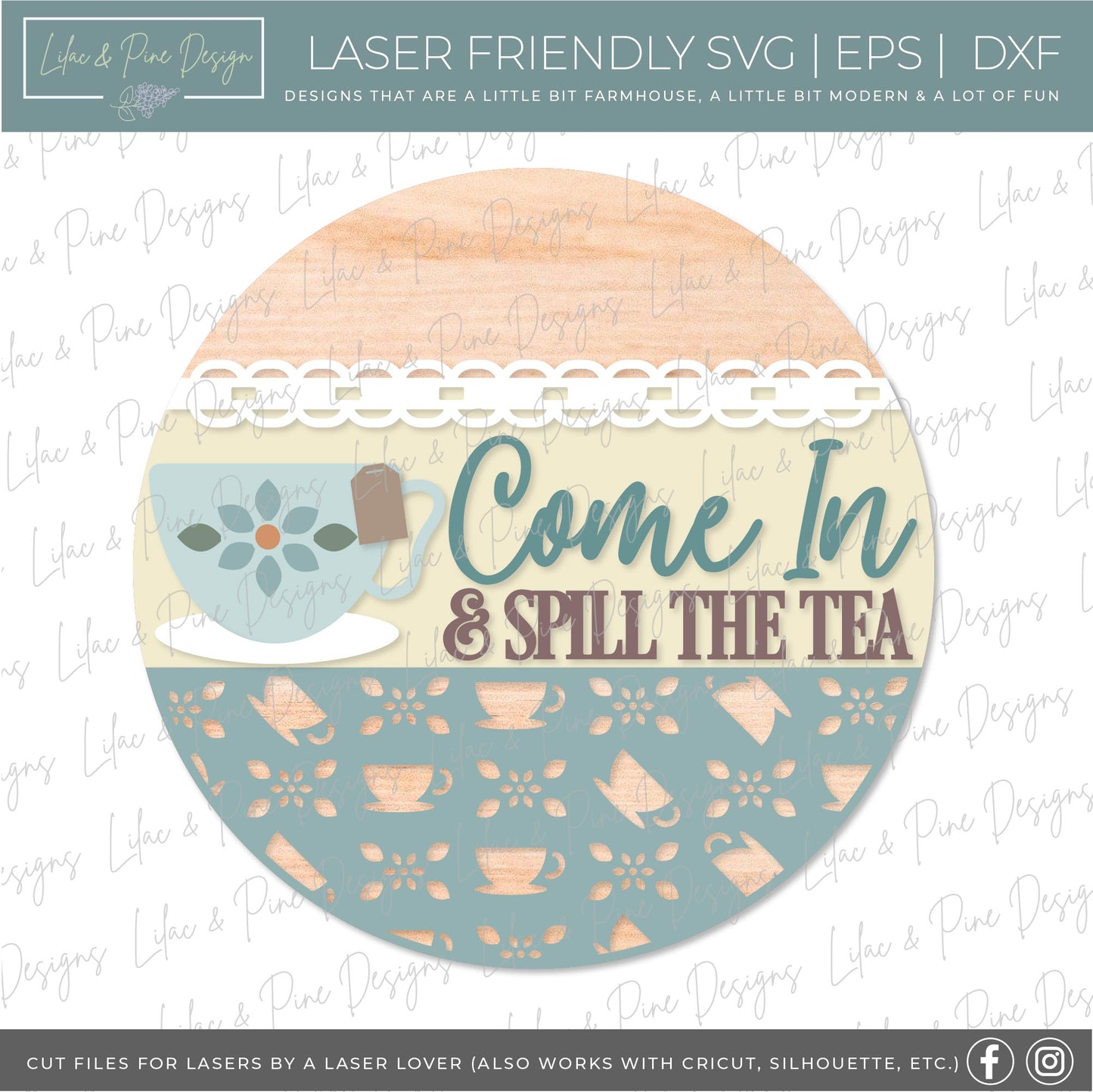 Spill the Tea SVG, tea party welcome sign, cottage core door hanger, Glowforge SVG, laser cut file