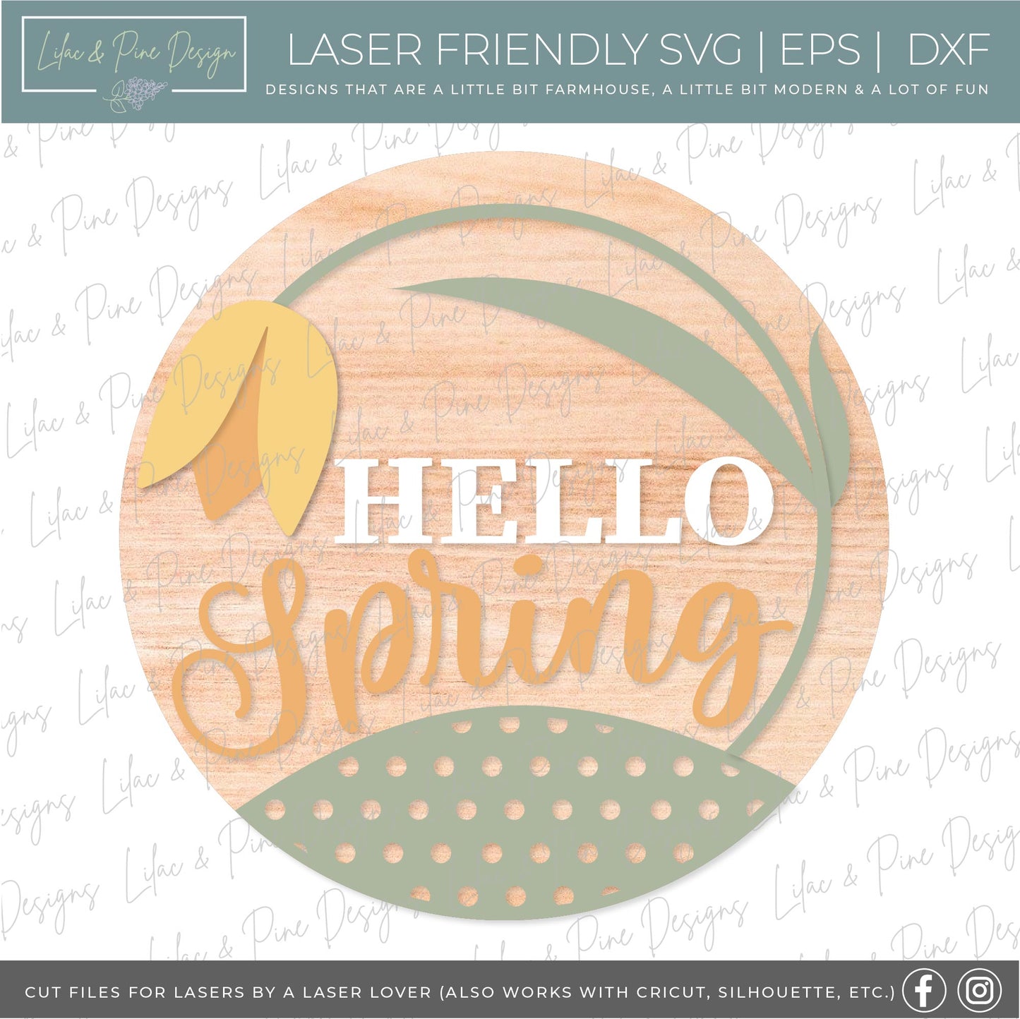 Hello Spring door hanger, Tulip welcome sign, floral round sign, Glowforge SVG, laser cut file