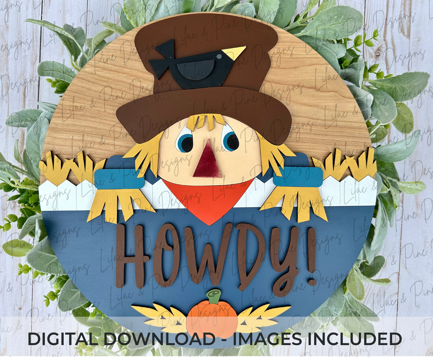 Scarecrow Round Sign SVG – 3 Fall Phrase Options (Hay There, Howdy, Welcome) – Laser Cut File for Door Hangers & Seasonal Decor (SVG | EPS | DXF)