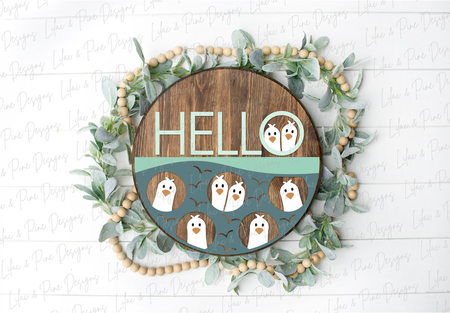 Hello seagull door hanger, Cute summer welcome sign, seagull beach round sign, Funny summer door hanger, Glowforge SVG, laser cut file