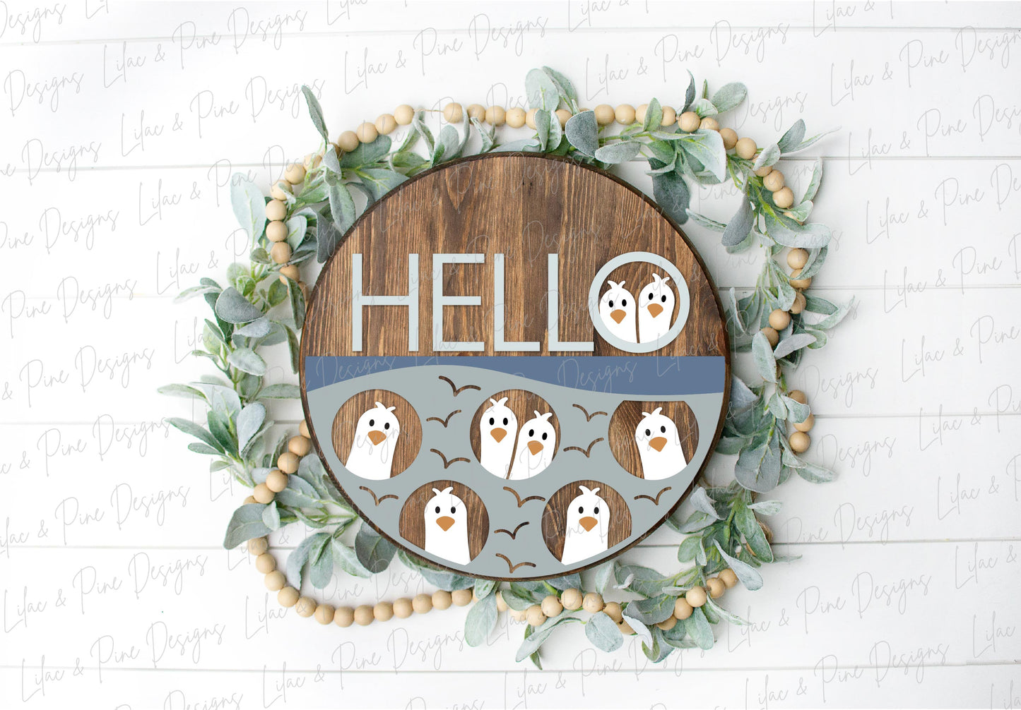 Hello seagull door hanger, Cute summer welcome sign, seagull beach round sign, Funny summer door hanger, Glowforge SVG, laser cut file