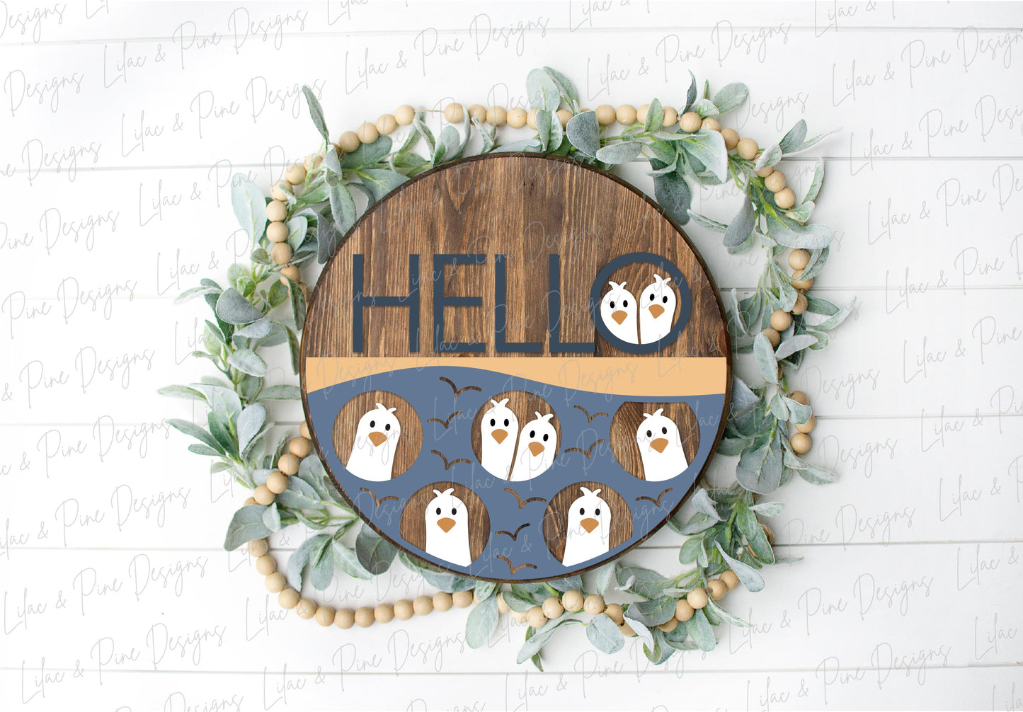 Hello seagull door hanger, Cute summer welcome sign, seagull beach round sign, Funny summer door hanger, Glowforge SVG, laser cut file