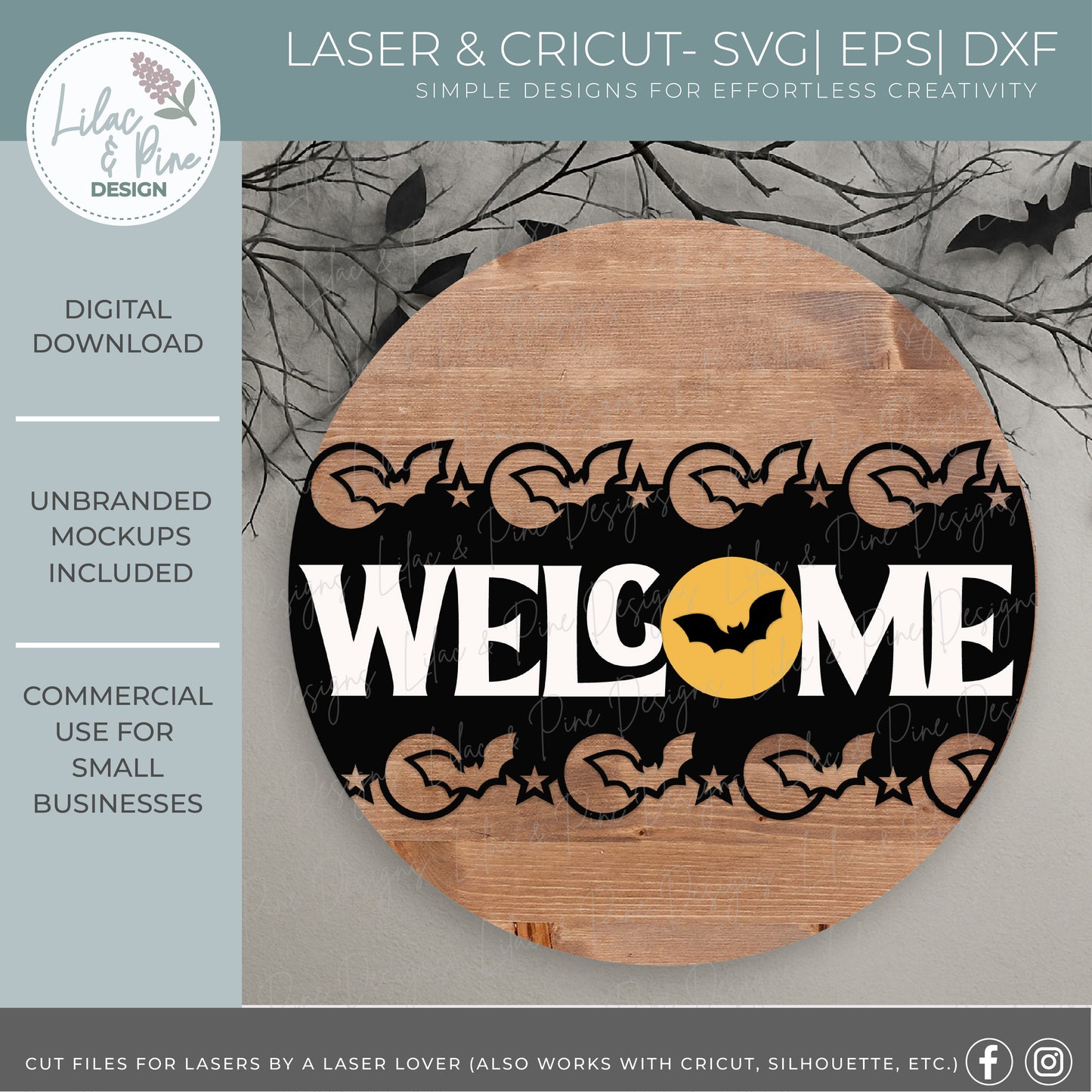 Halloween Bat Border Welcome Sign SVG | Spooky season Round Door Hanger | Laser Cut File | Full Moon Layered SVG