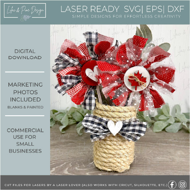 Canada Day fabric flowers with laser-cut inserts including maple leaf, hearts, and patriotic icons