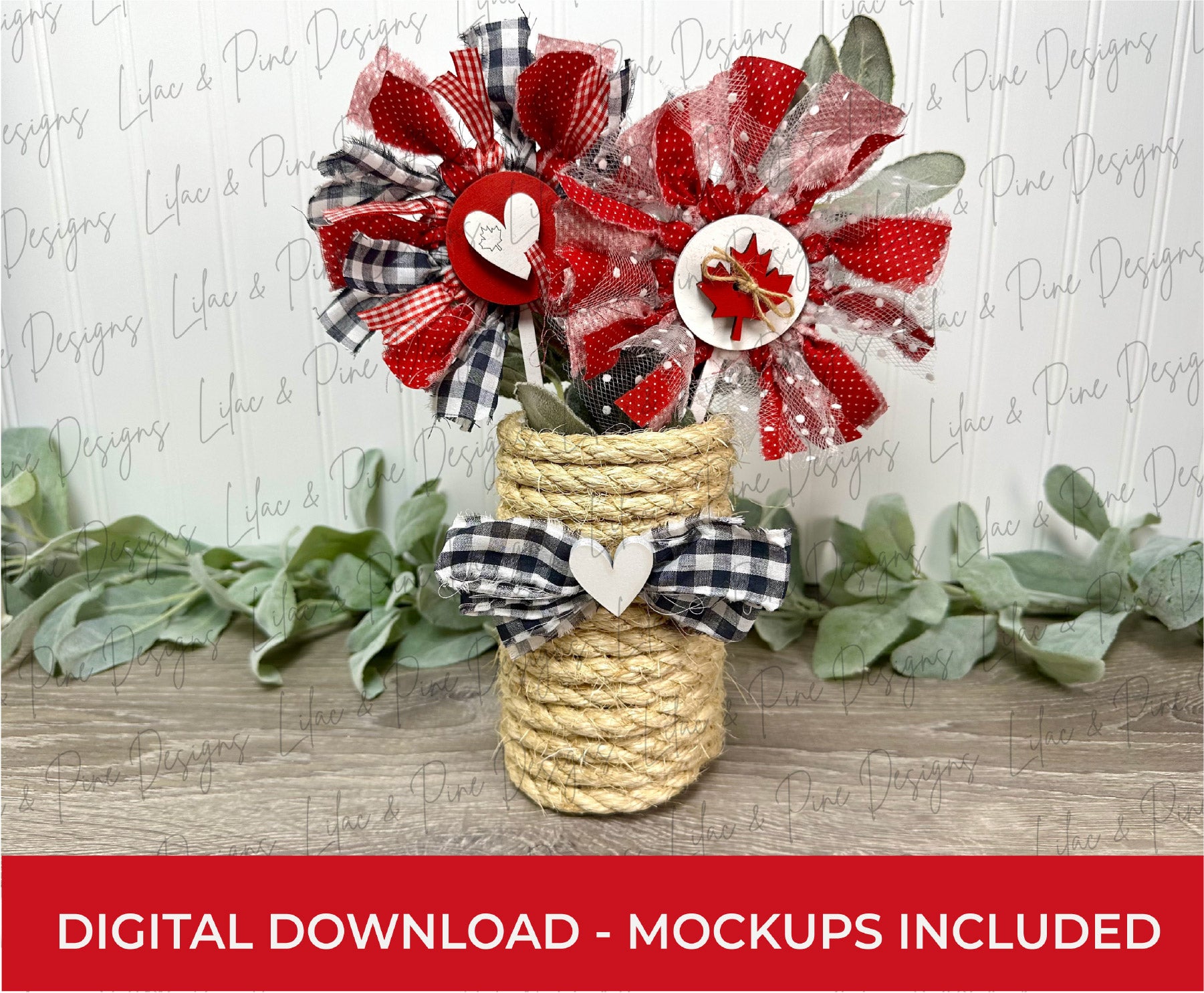 Canada Day fabric flowers with laser-cut inserts including maple leaf, hearts, and patriotic icons