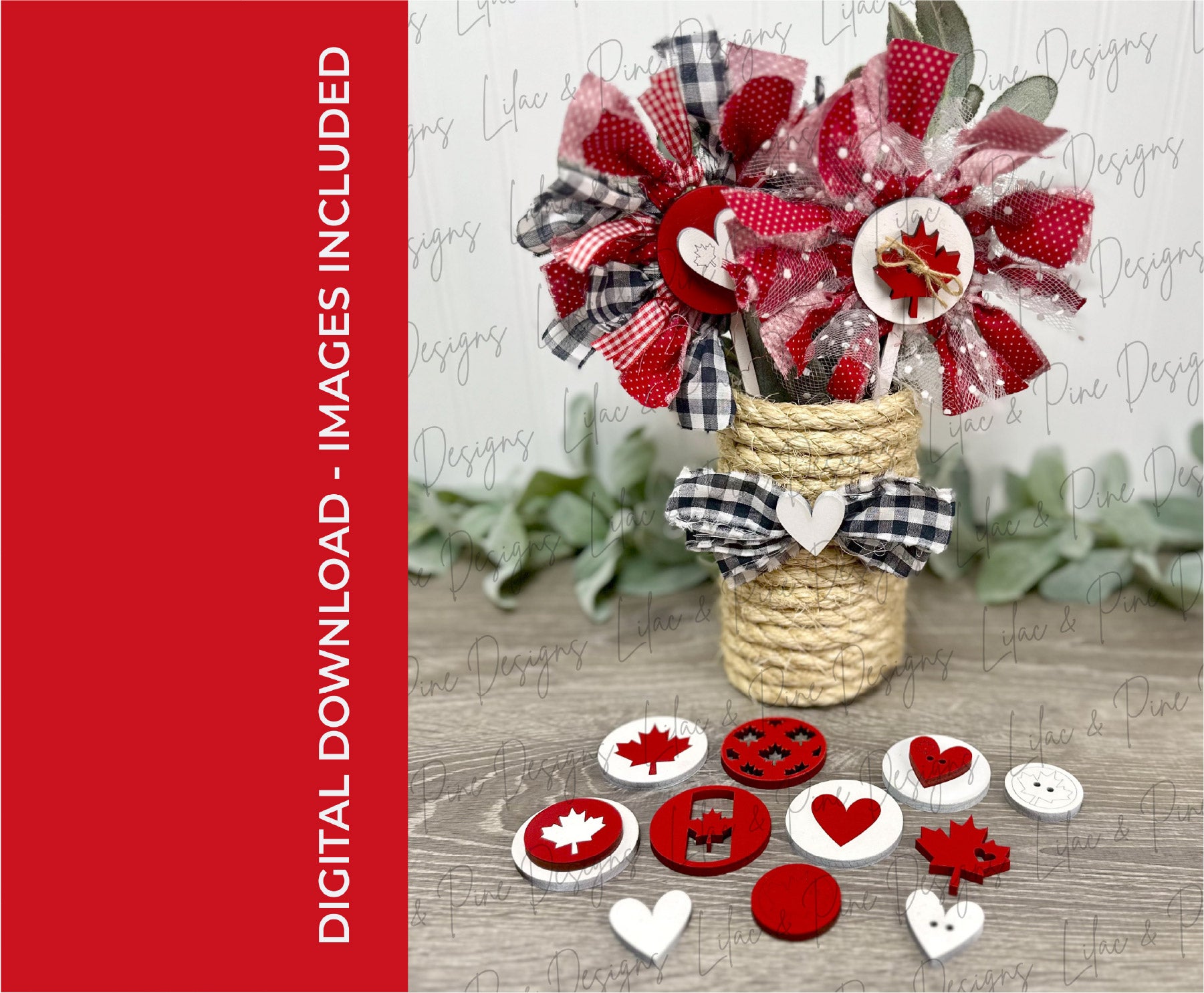 Canada Day fabric flowers with laser-cut inserts including maple leaf, hearts, and patriotic icons