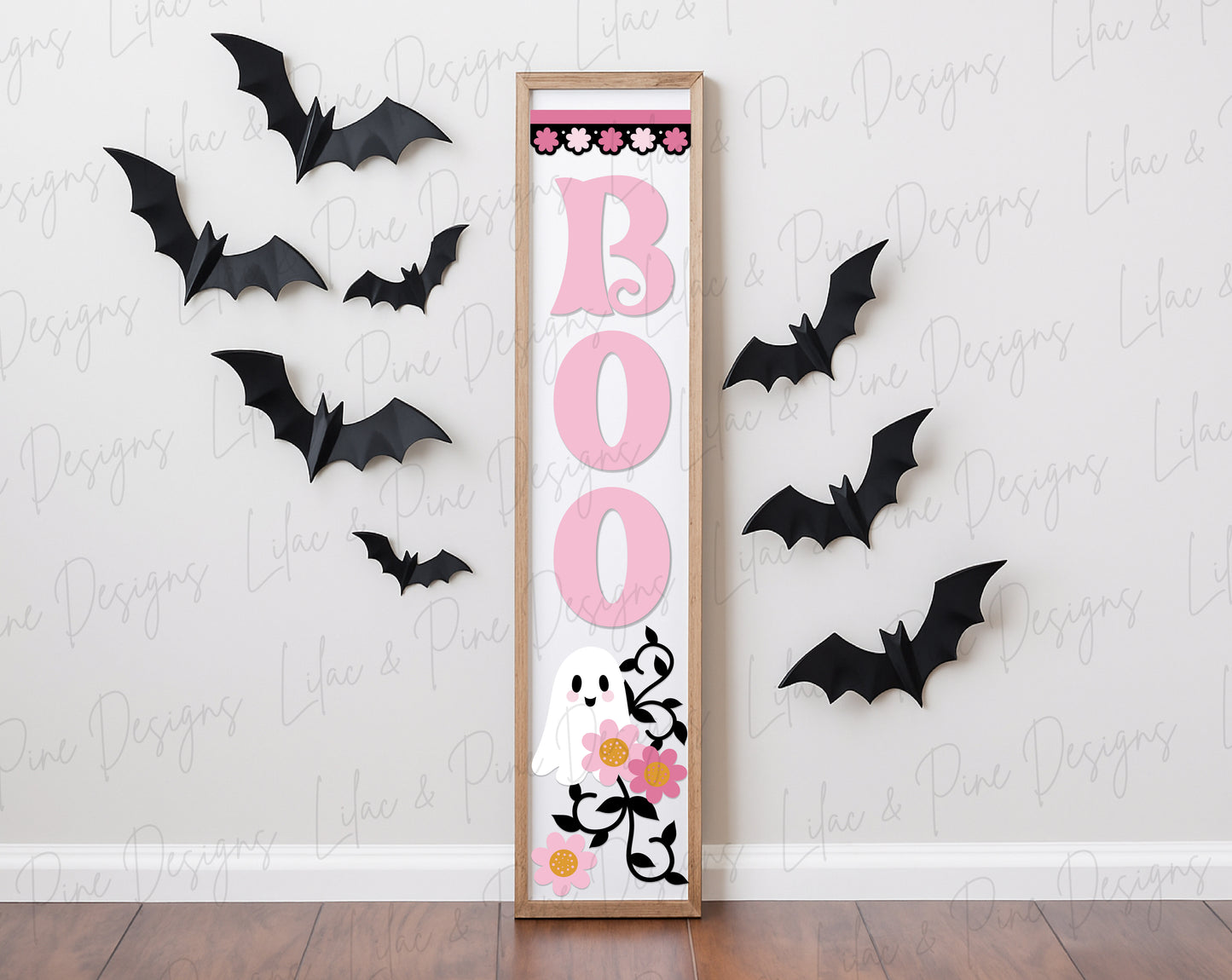 Boo Halloween Porch Leaner SVG - Cute Floral Ghost vertical sign - Cricut SVG - laser cut file: Glowforge, xTool, Lightburn
