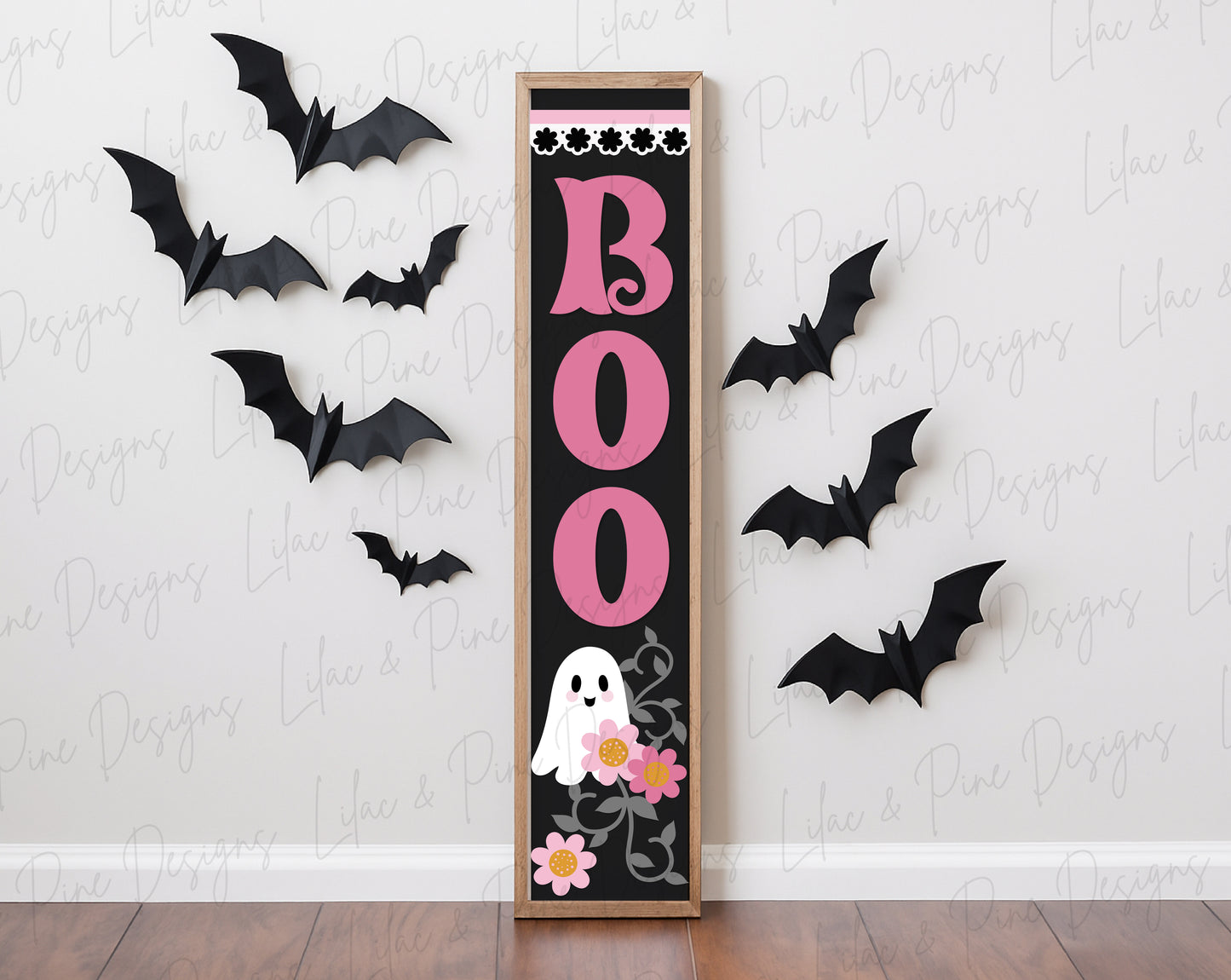 Boo Halloween Porch Leaner SVG - Cute Floral Ghost vertical sign - Cricut SVG - laser cut file: Glowforge, xTool, Lightburn