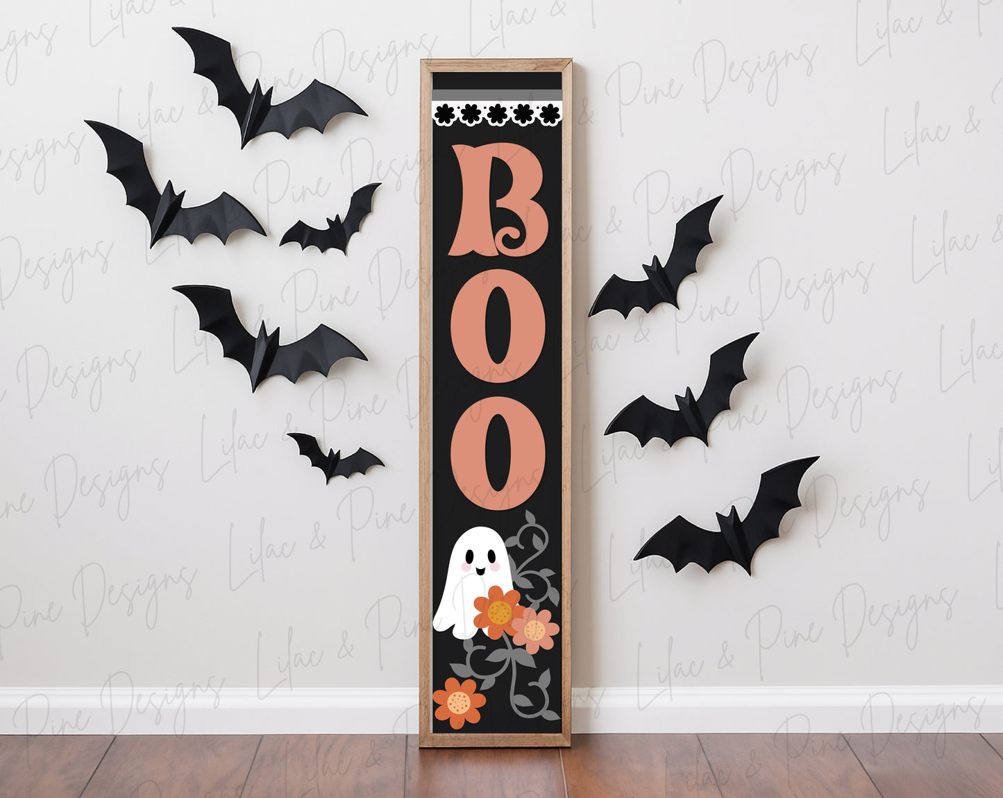 Boo Halloween Porch Leaner SVG - Cute Floral Ghost vertical sign - Cricut SVG - laser cut file: Glowforge, xTool, Lightburn