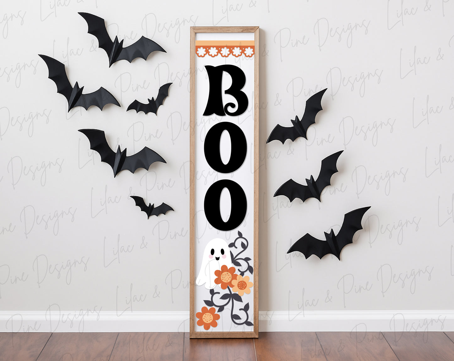 Boo Halloween Porch Leaner SVG - Cute Floral Ghost vertical sign - Cricut SVG - laser cut file: Glowforge, xTool, Lightburn
