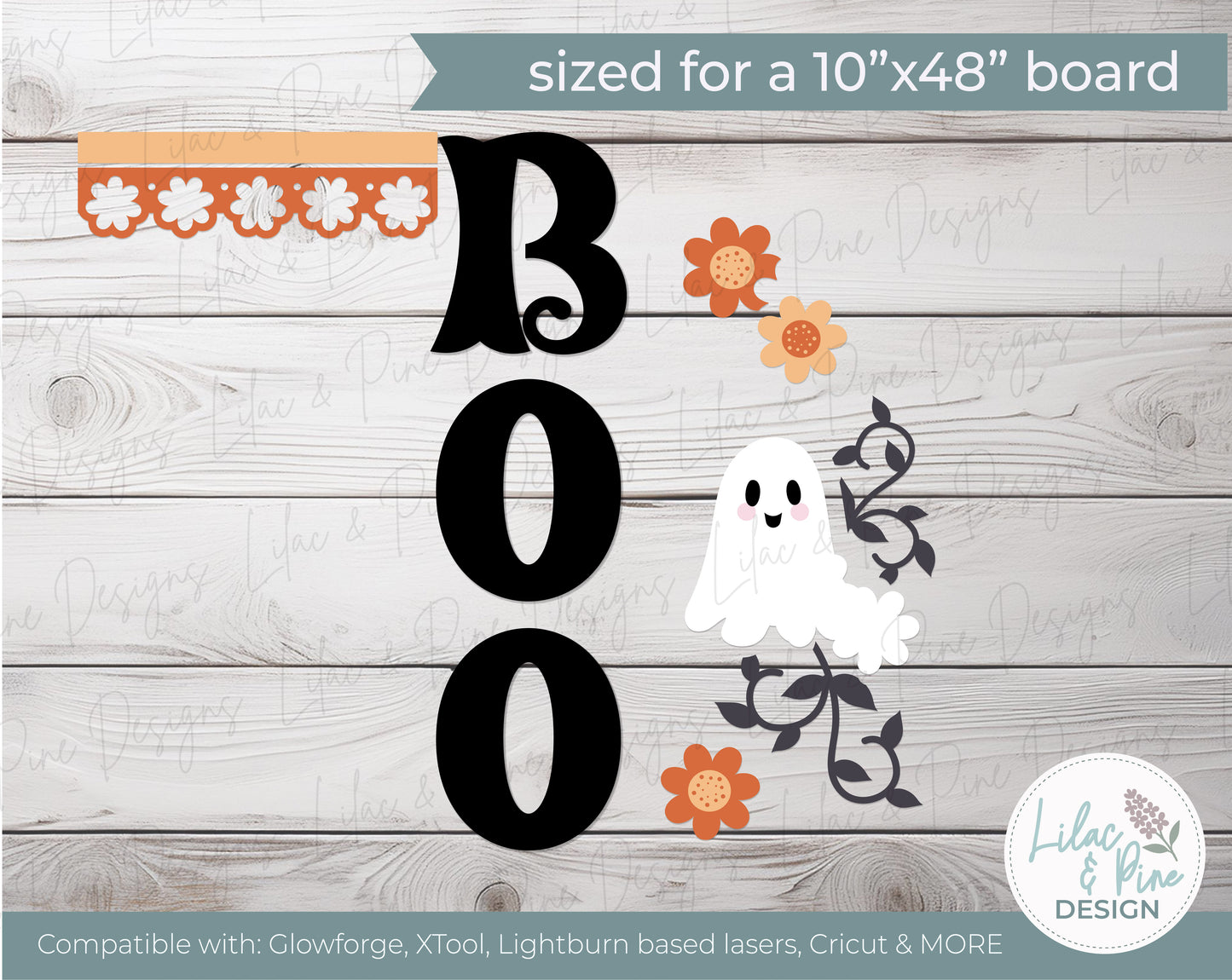 Boo Halloween Porch Leaner SVG - Cute Floral Ghost vertical sign - Cricut SVG - laser cut file: Glowforge, xTool, Lightburn