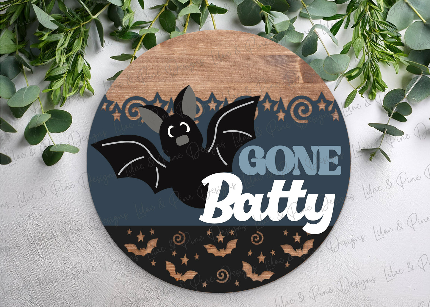 Gone Batty Round Welcome Sign SVG | Cute Halloween Bat Door Hanger Laser Cut File | Layered design for porch & wall decor | laser and Cricut compatible