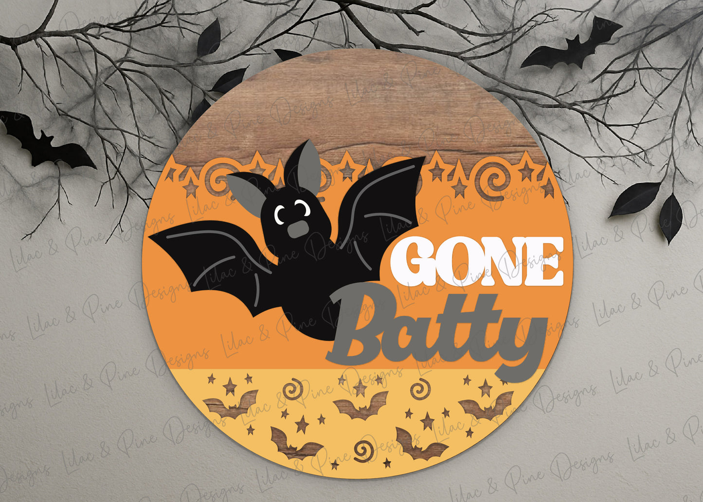 Gone Batty Round Welcome Sign SVG | Cute Halloween Bat Door Hanger Laser Cut File | Layered design for porch & wall decor | laser and Cricut compatible