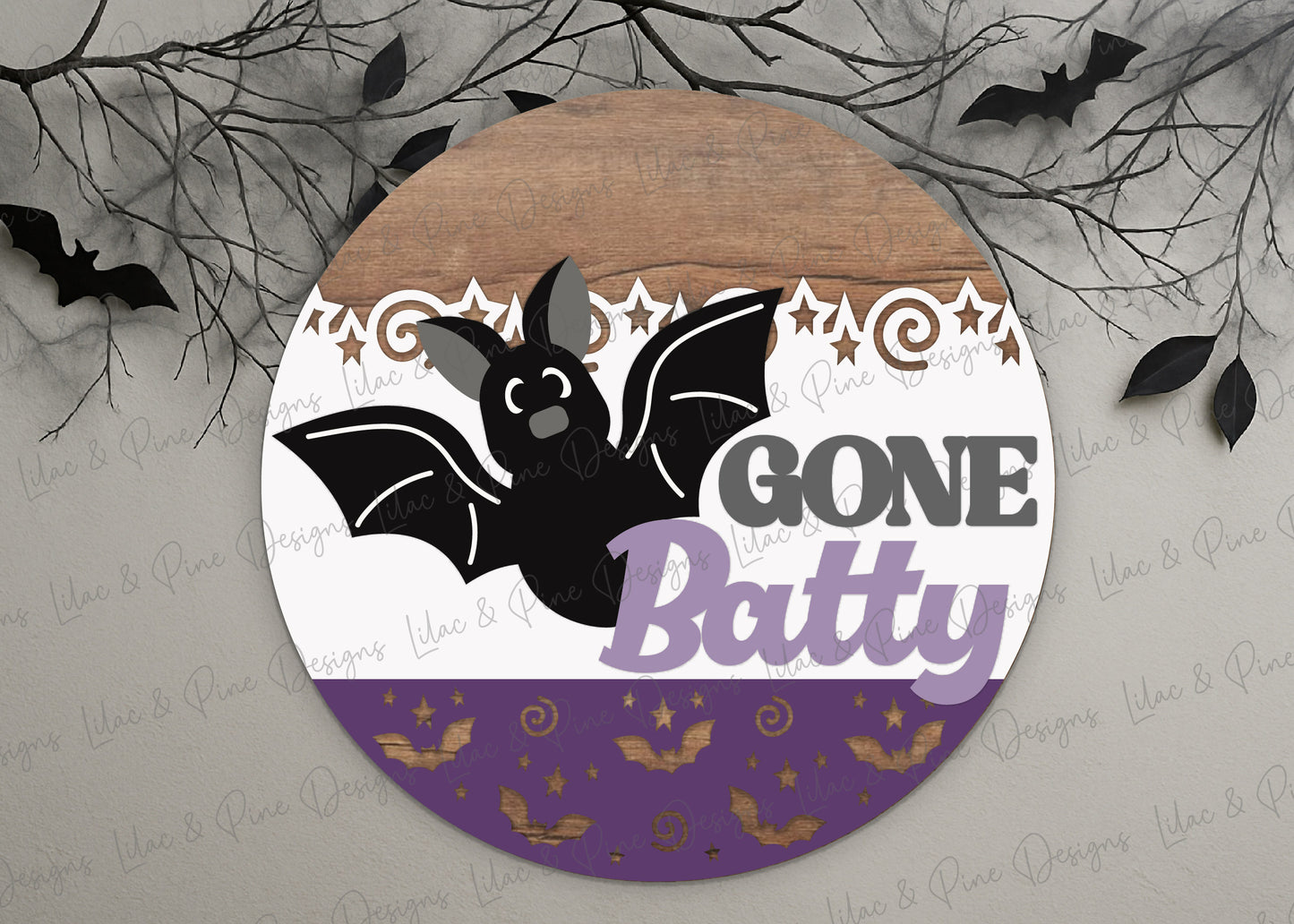 Gone Batty Round Welcome Sign SVG | Cute Halloween Bat Door Hanger Laser Cut File | Layered design for porch & wall decor | laser and Cricut compatible