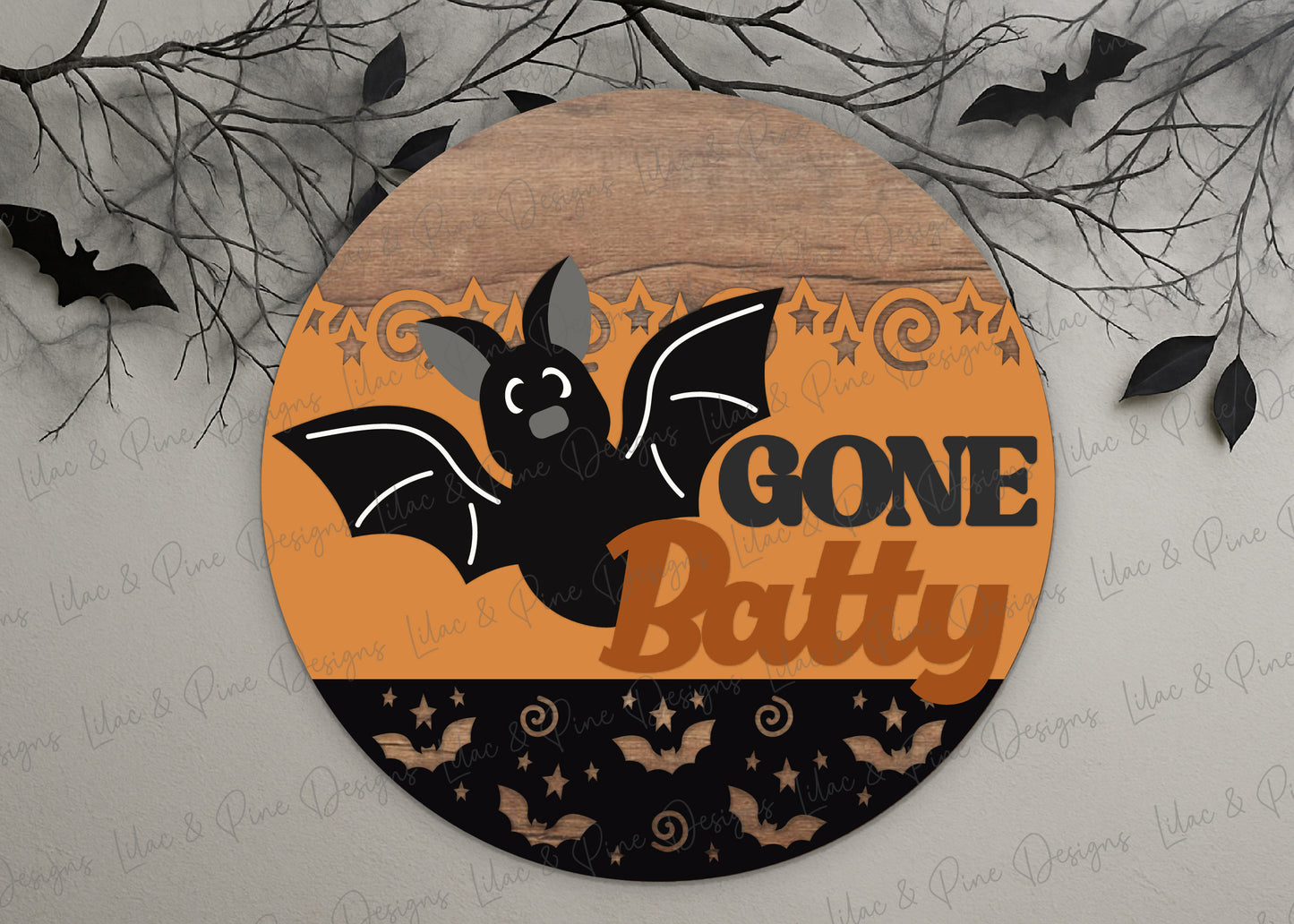 Gone Batty Round Welcome Sign SVG | Cute Halloween Bat Door Hanger Laser Cut File | Layered design for porch & wall decor | laser and Cricut compatible