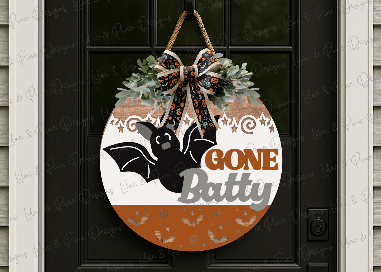 Gone Batty Round Welcome Sign SVG | Cute Halloween Bat Door Hanger Laser Cut File | Layered design for porch & wall decor | laser and Cricut compatible