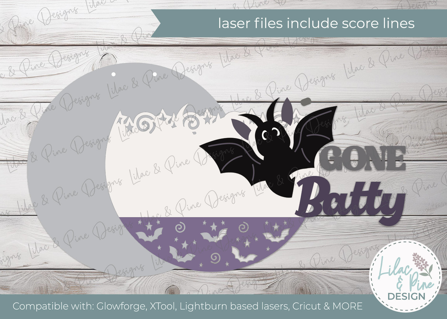 Gone Batty Round Welcome Sign SVG | Cute Halloween Bat Door Hanger Laser Cut File | Layered design for porch & wall decor | laser and Cricut compatible