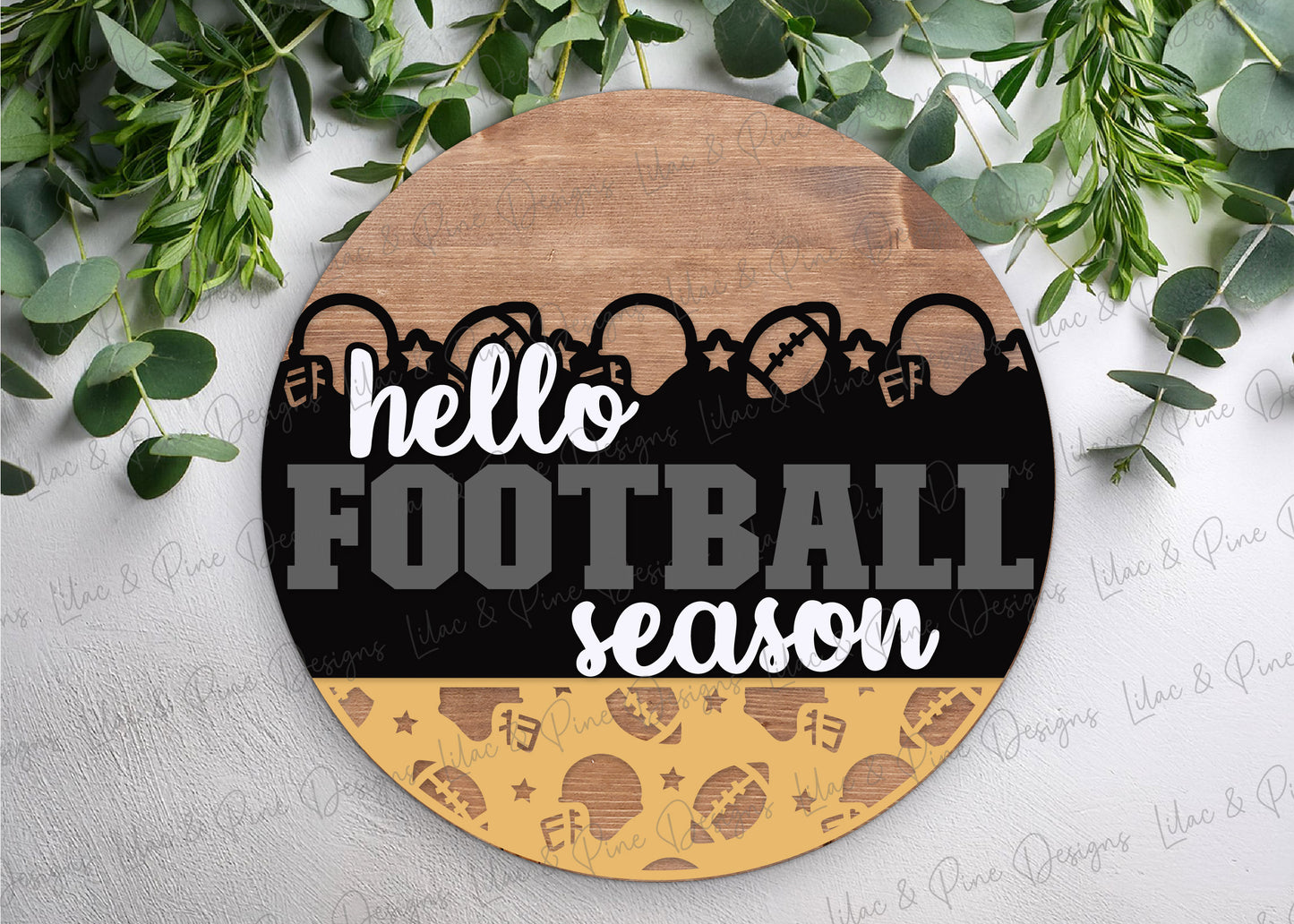 Hello Football season door hanger SVG - Football Fan welcome sign - Cricut SVG - layered round sign with patterned bottom - laser cut file: xTool, Glowforge, Lightburn