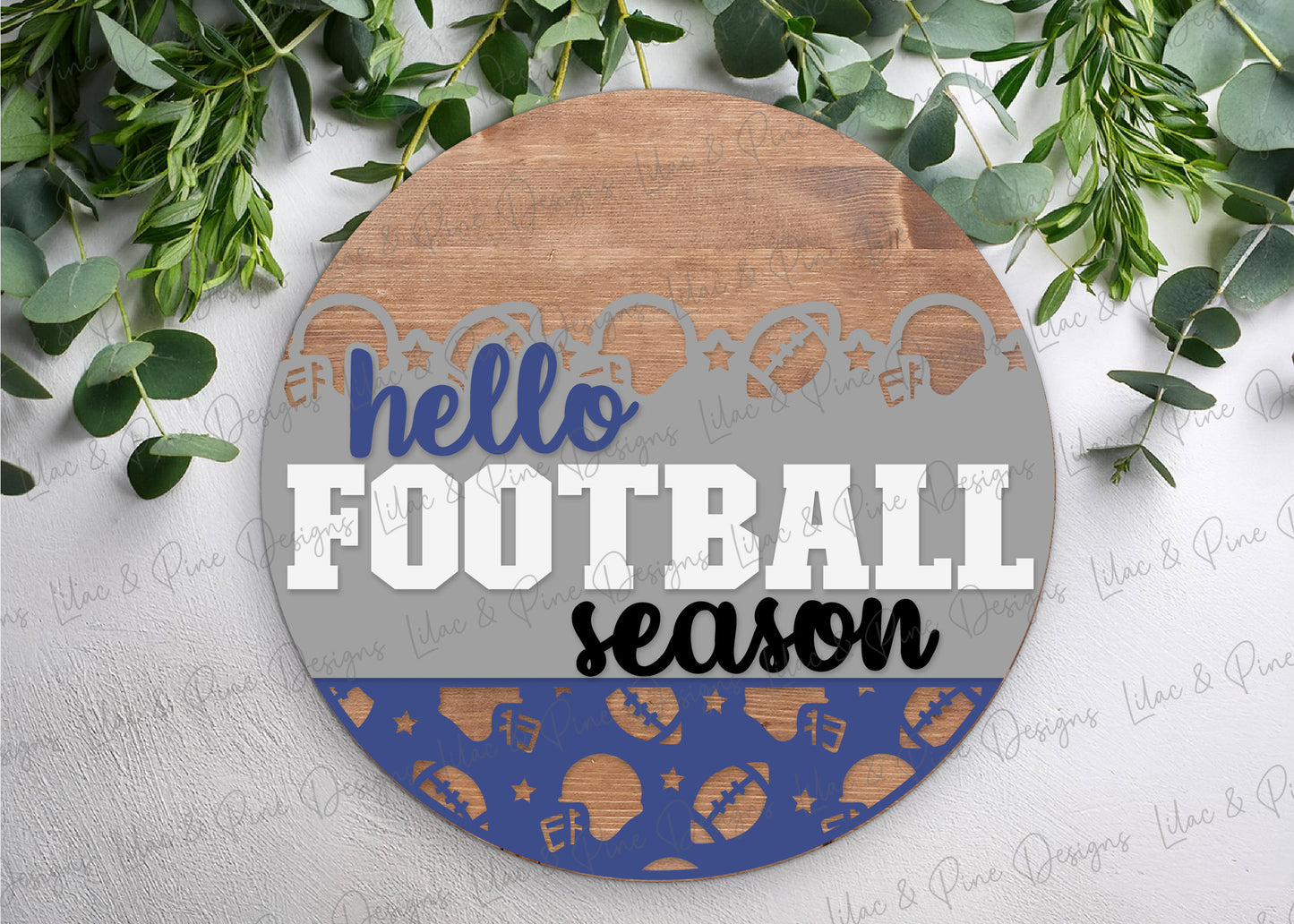 Hello Football season door hanger SVG - Football Fan welcome sign - Cricut SVG - layered round sign with patterned bottom - laser cut file: xTool, Glowforge, Lightburn