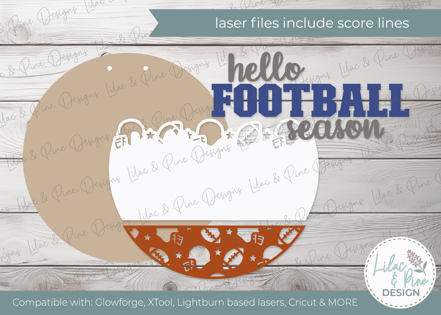 Hello Football season door hanger SVG - Football Fan welcome sign - Cricut SVG - layered round sign with patterned bottom - laser cut file: xTool, Glowforge, Lightburn