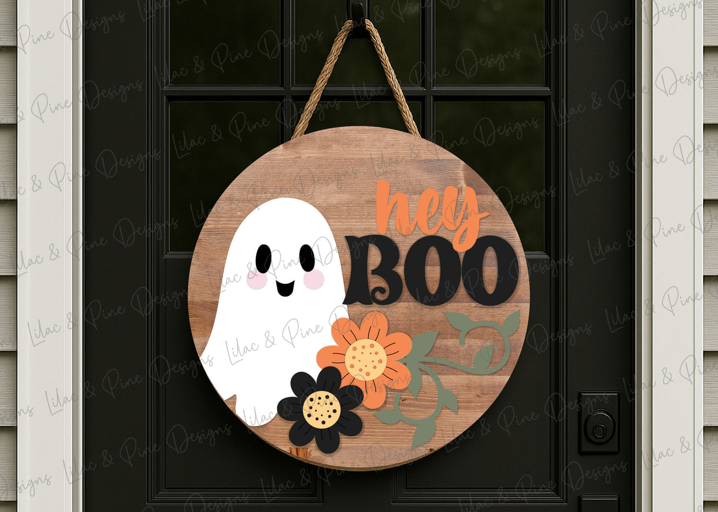 Hey Boo Ghost Round SVG | Halloween Floral Door Hanger Laser Cut File | Cute Halloween Sign SVG