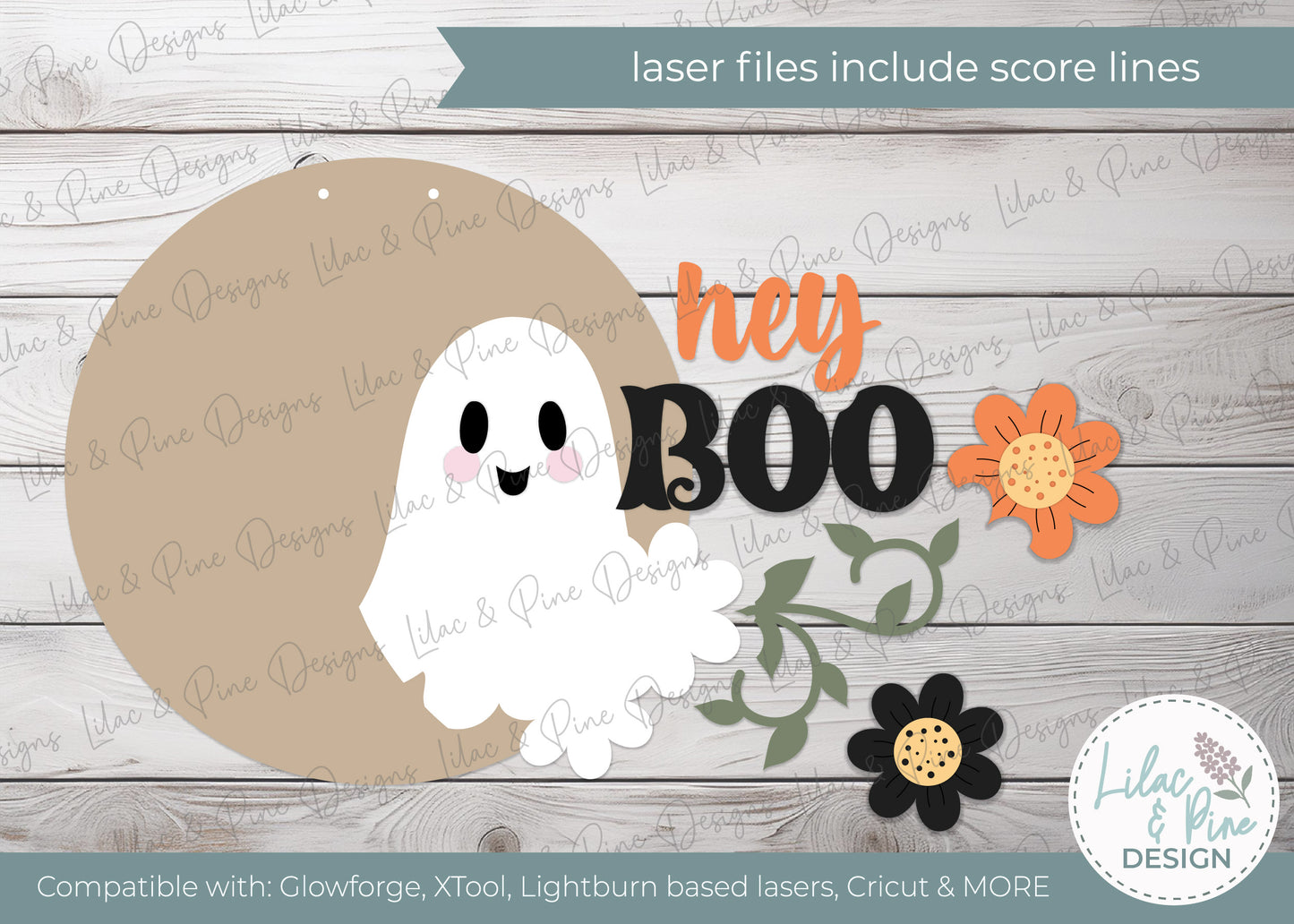 Hey Boo Ghost Round SVG | Halloween Floral Door Hanger Laser Cut File | Cute Halloween Sign SVG