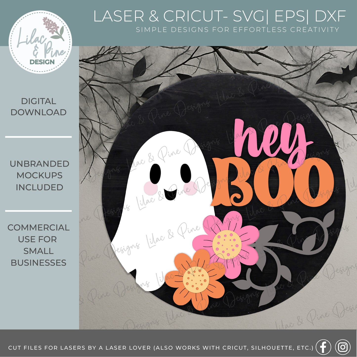 Hey Boo Ghost Round SVG | Halloween Floral Door Hanger Laser Cut File | Cute Halloween Sign SVG