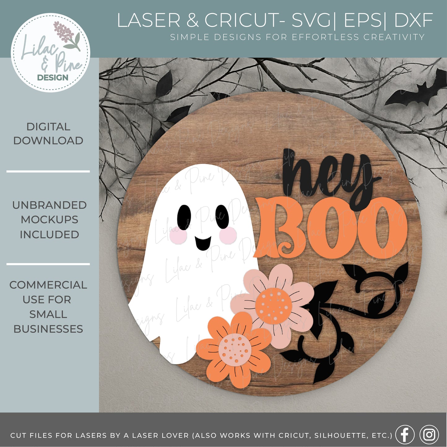 Hey Boo Ghost Round SVG | Halloween Floral Door Hanger Laser Cut File | Cute Halloween Sign SVG
