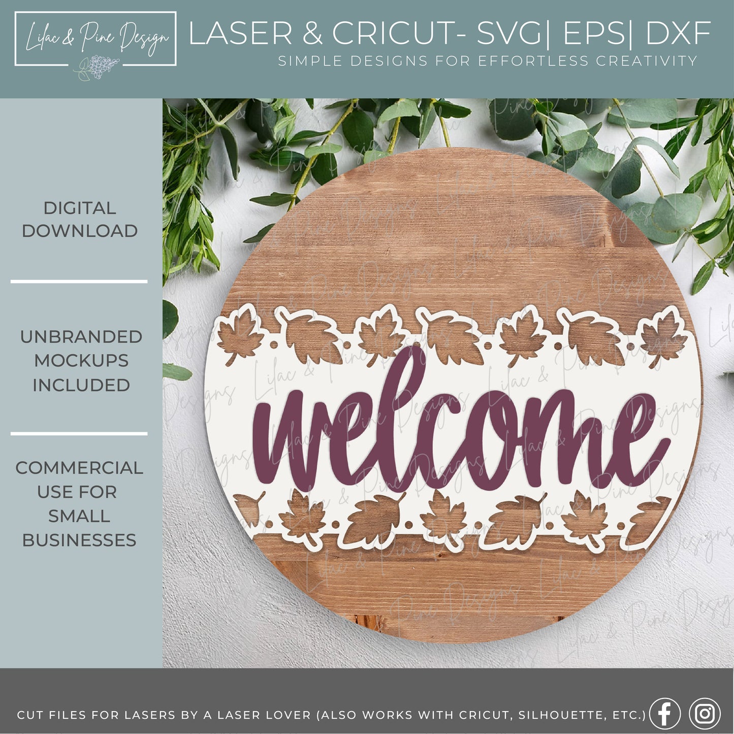 Welcome Leaf Border Round Sign SVG - Fall leaves door hanger - Glowforge SVG - laser cut file - Cricut SVG