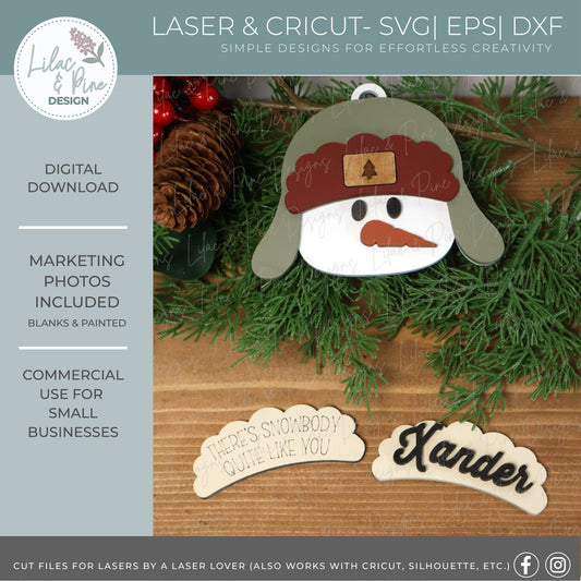 Personalized Snowman Ornament SVG – “There’s Snowbody Quite Like You” - Trapper Hat Snowman with patch - laser cut file