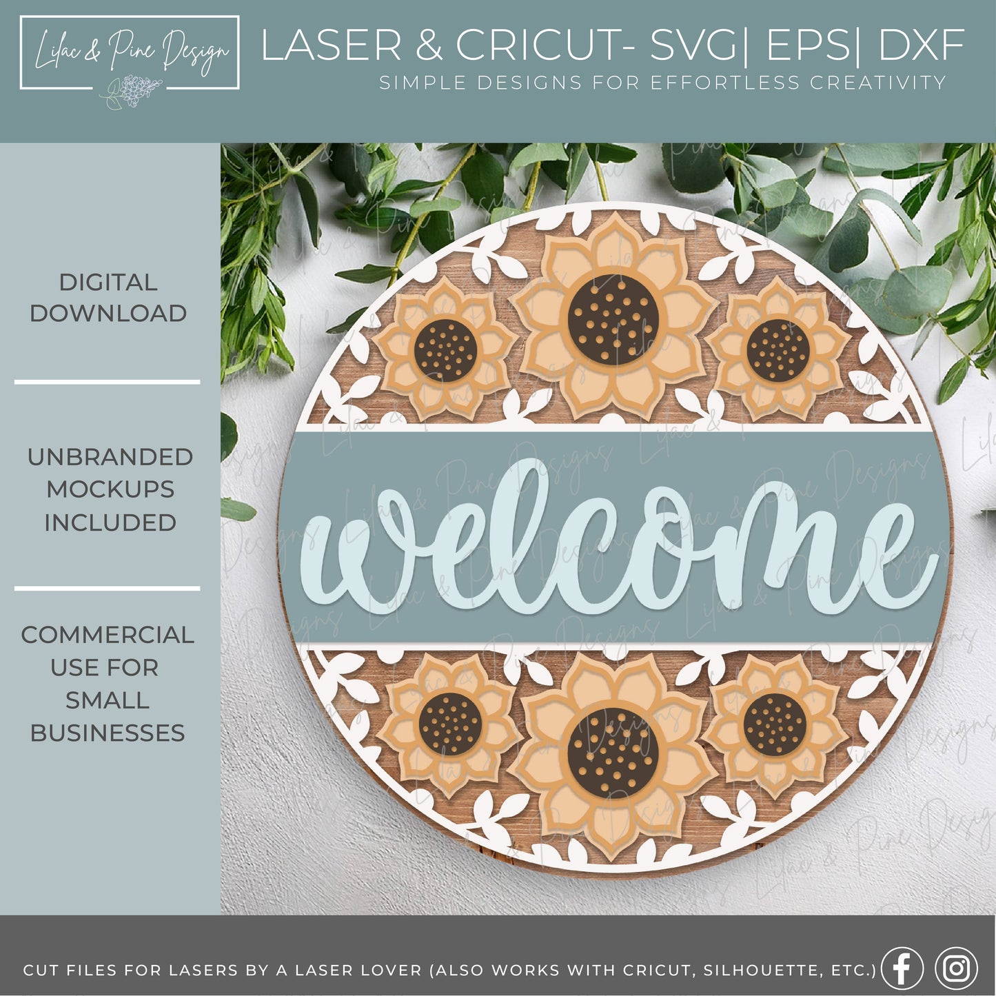 Sunflower welcome sign SVG - fall floral door hanger SVG - summer flower round sign SVG - sunflower porch decor - laser cut file - Cricut SVG