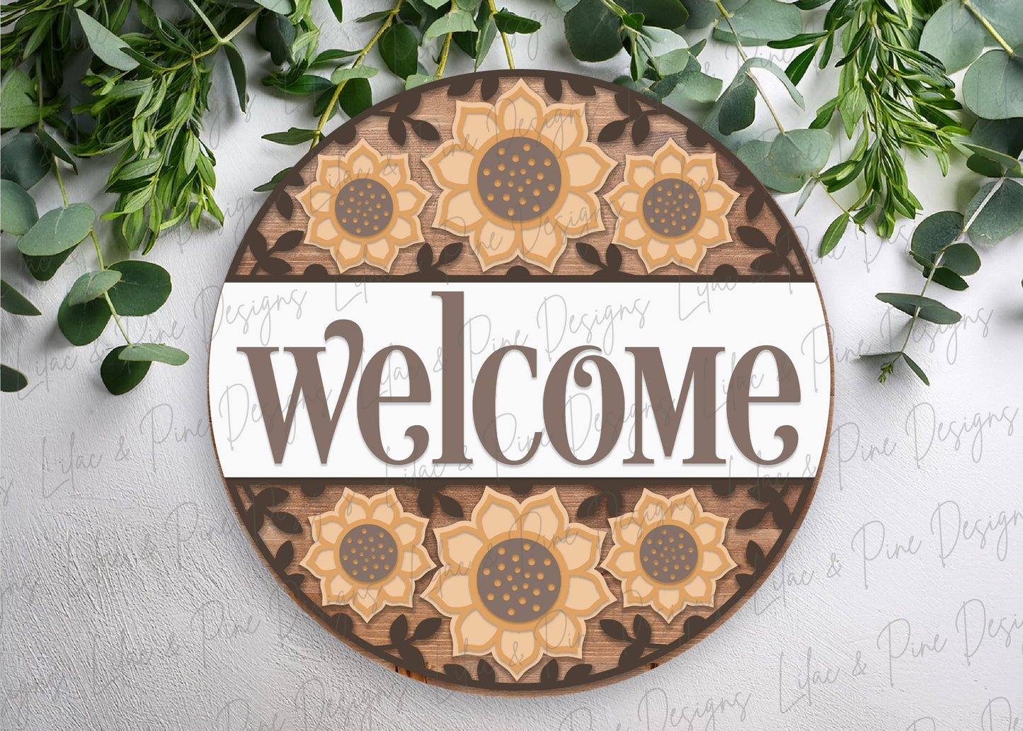 Sunflower welcome sign SVG - fall floral door hanger SVG - summer flower round sign SVG - sunflower porch decor - laser cut file - Cricut SVG