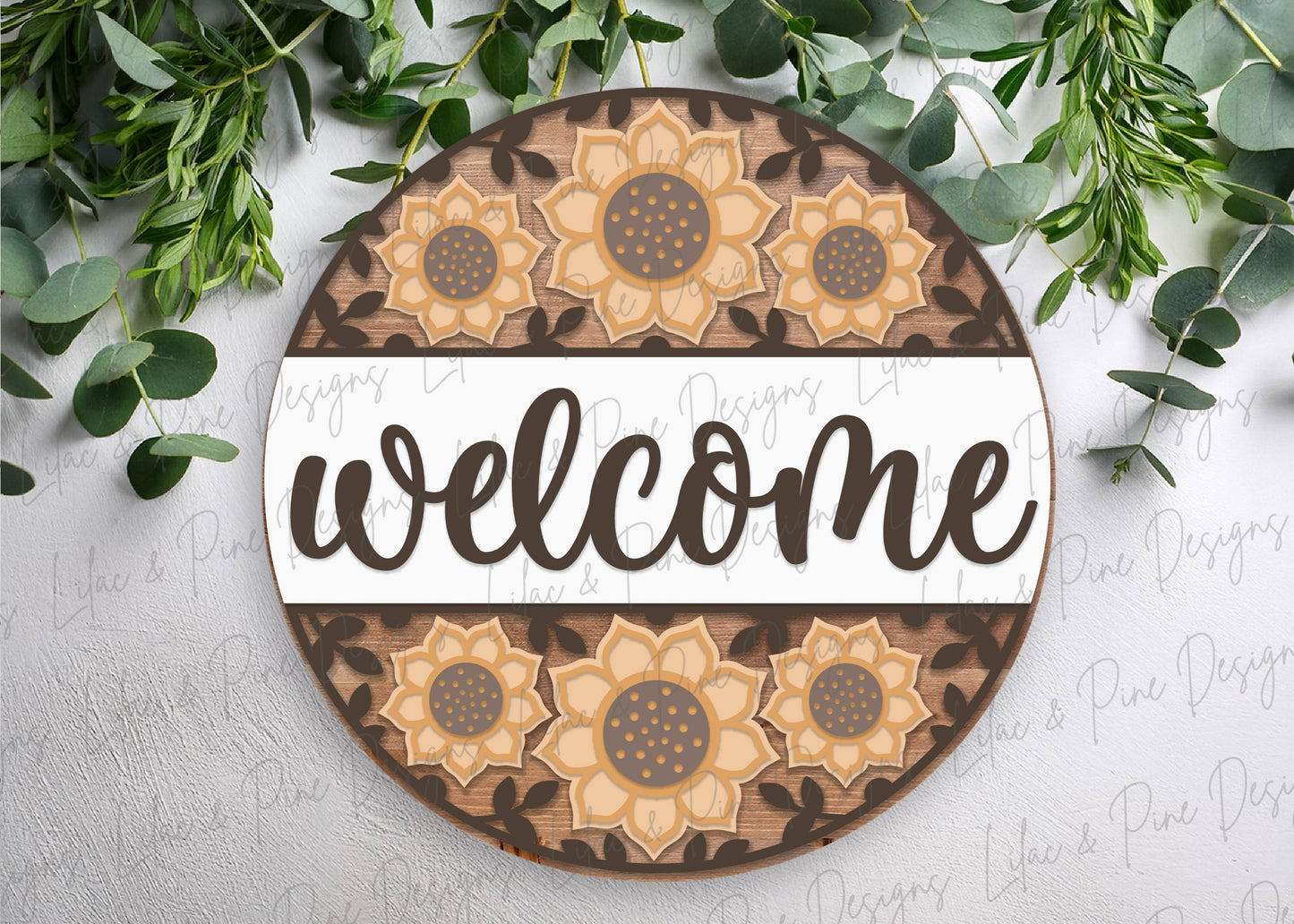 Sunflower welcome sign SVG - fall floral door hanger SVG - summer flower round sign SVG - sunflower porch decor - laser cut file - Cricut SVG