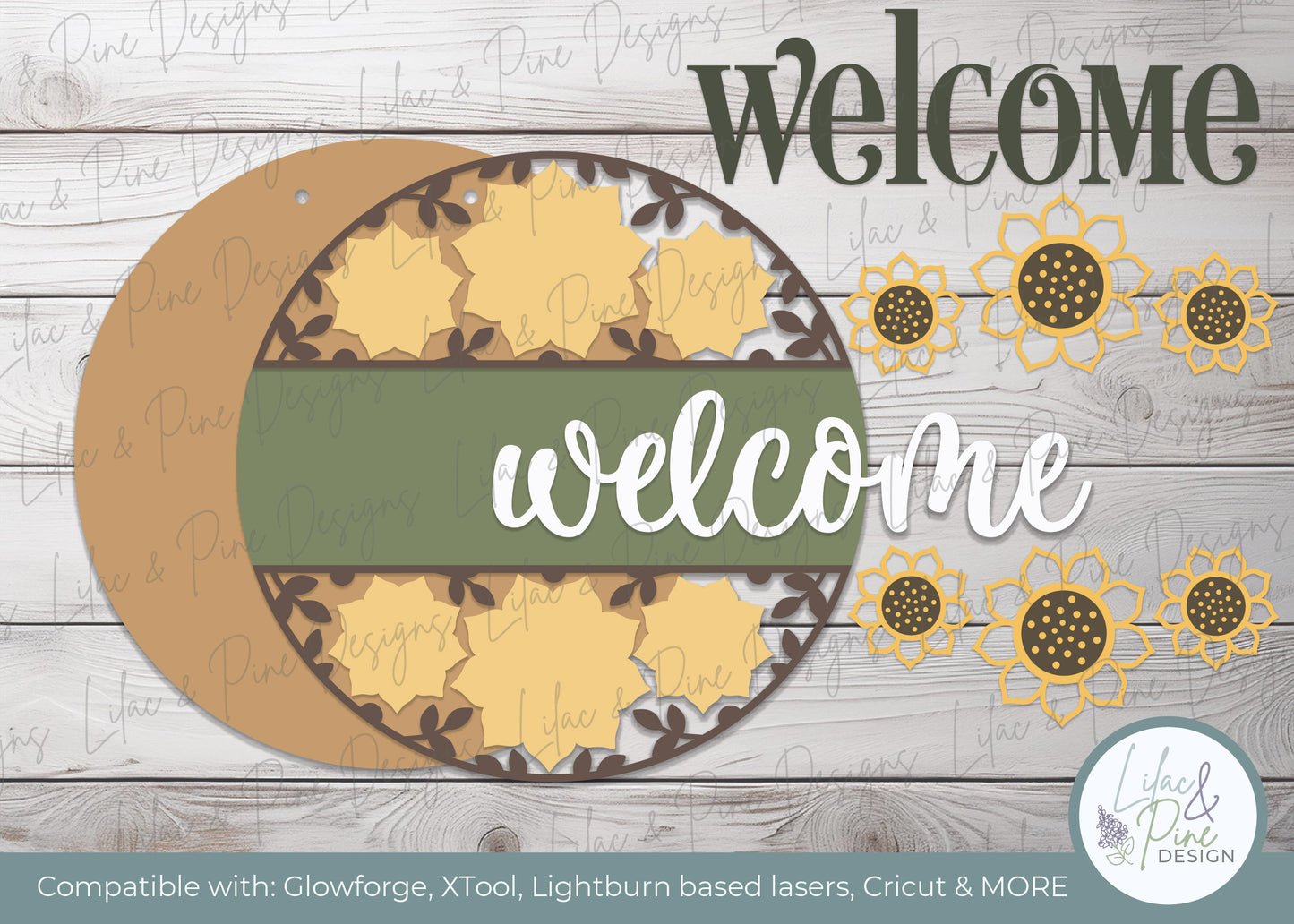 Sunflower welcome sign SVG - fall floral door hanger SVG - summer flower round sign SVG - sunflower porch decor - laser cut file - Cricut SVG