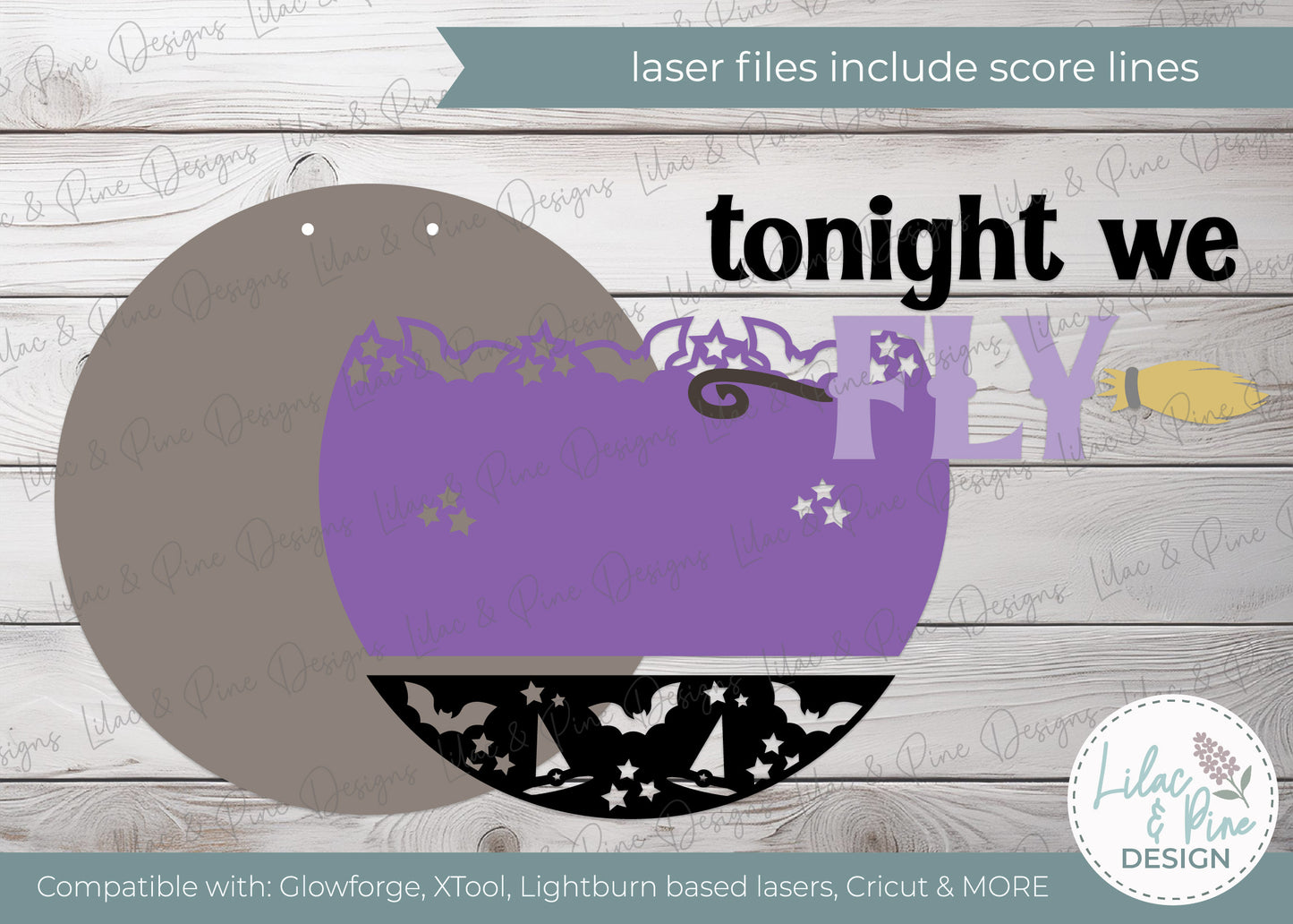 Tonight We Fly Door Hanger SVG – Witch Broom Halloween Laser Cut File - Spooky Season round sign - Cricut compatible