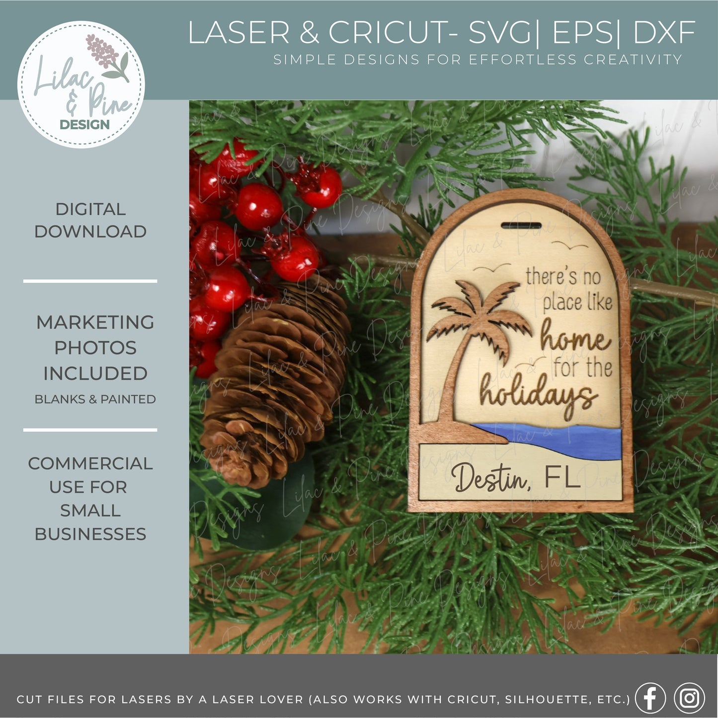 Beach Christmas Ornament bundle SVG – "Home for the Holidays” Oval, Scalloped and Arch design - Customizable laser SVG