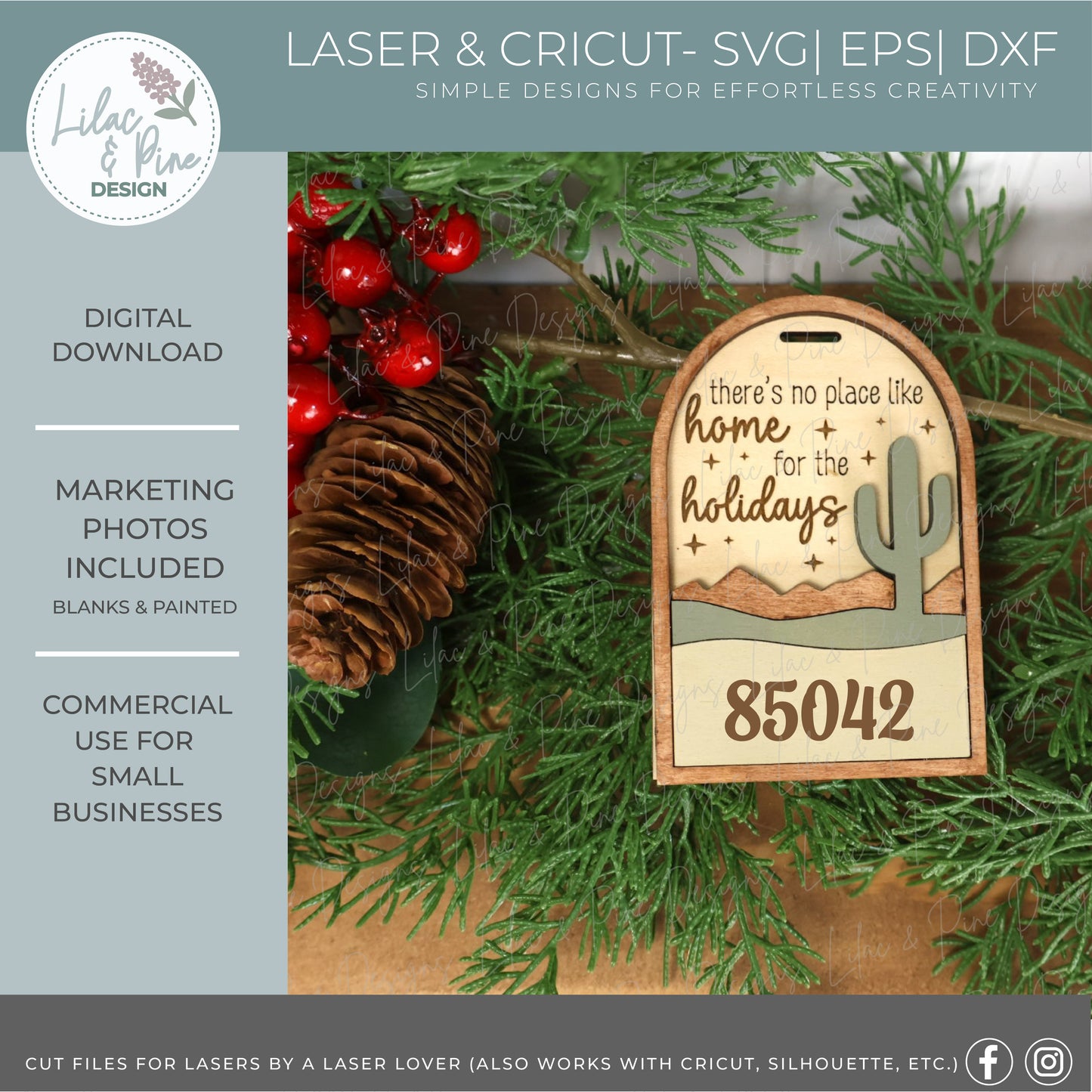 Desert Cactus Christmas Ornament SVG – Home for the Holidays laser cut file  - Customizable Arch Ornament