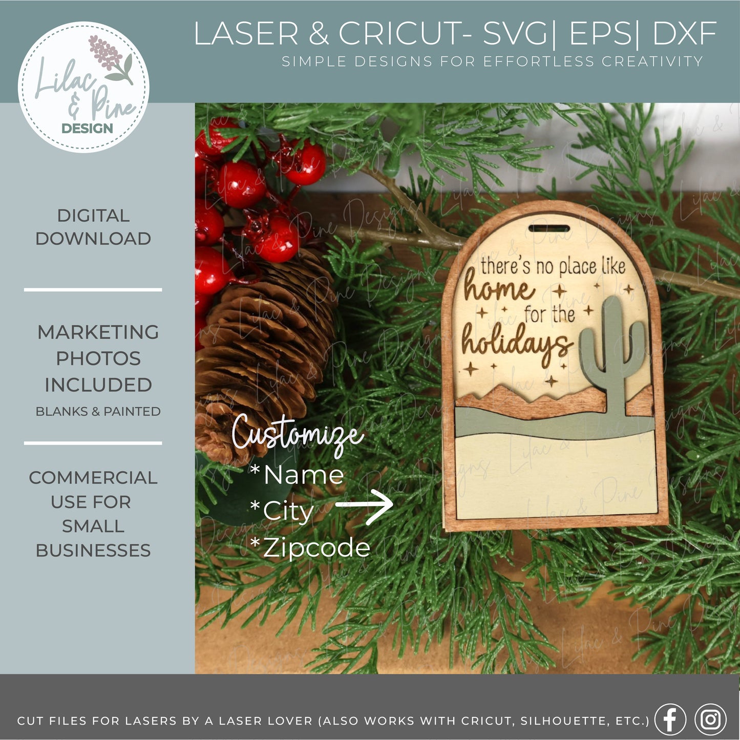 Desert Cactus Christmas Ornament SVG – Home for the Holidays laser cut file  - Customizable Arch Ornament