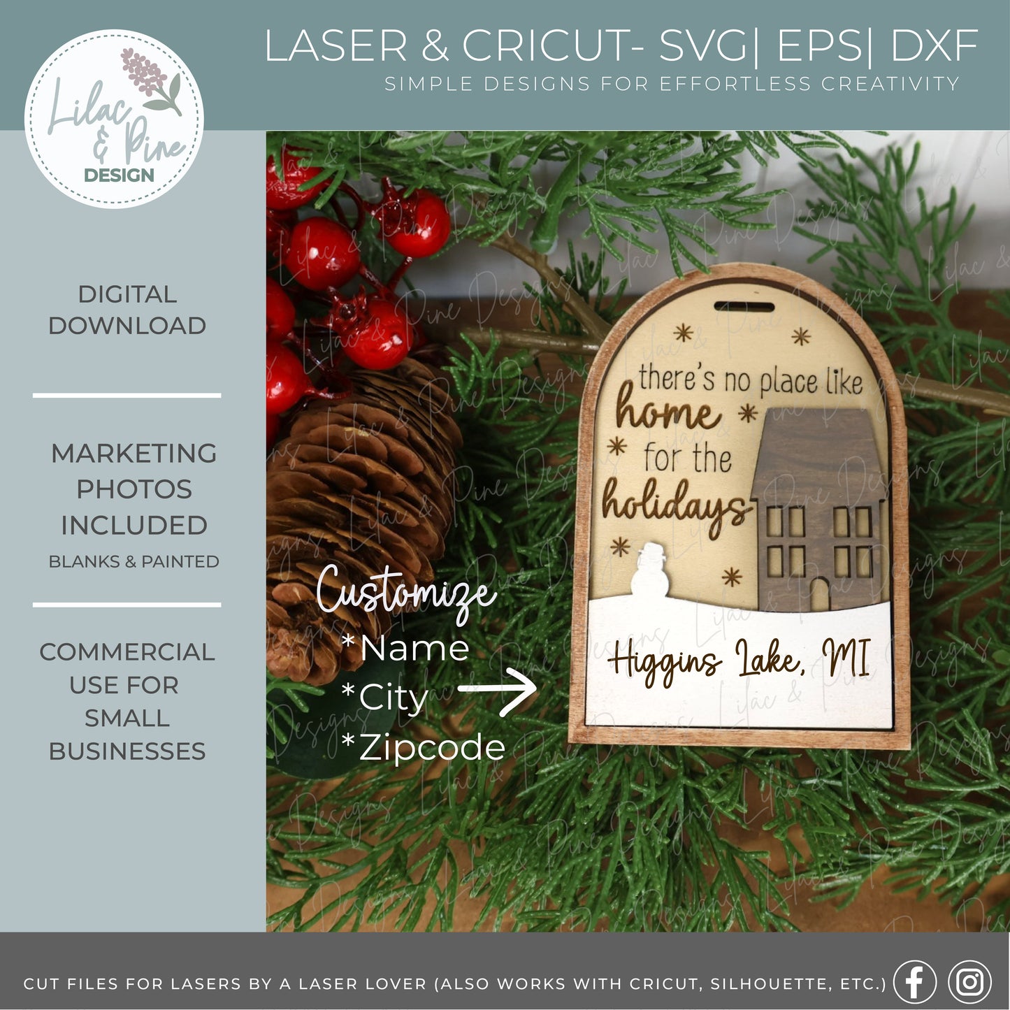 Snowy House Ornament bundle SVG – Home for the Holidays Christmas design - oval, scalloped oval and arch customizable ornaments - laser cut file for personalization