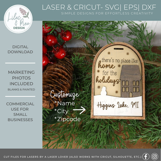 Snowy House Ornament SVG – Home for the Holidays Arch design - customizable ornament - laser cut file