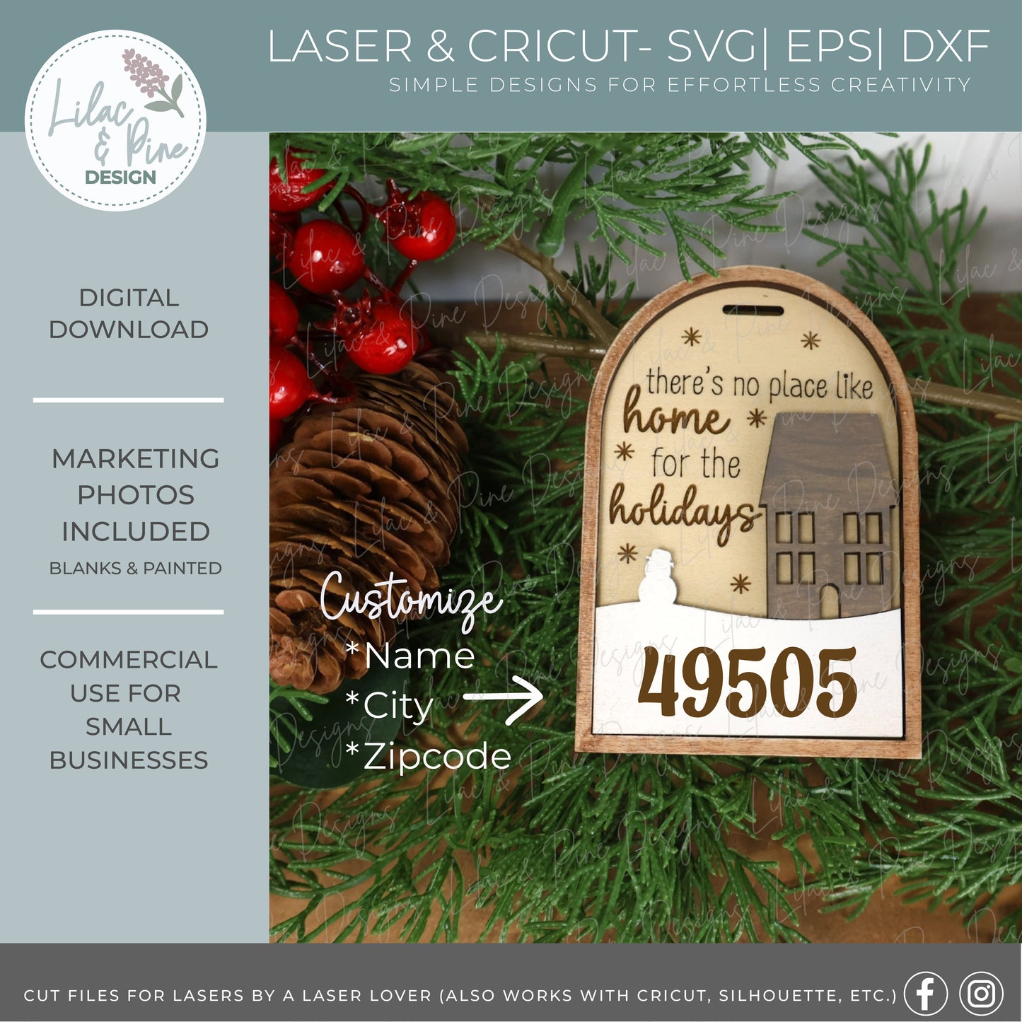 Snowy House Ornament SVG – Home for the Holidays Arch design - customizable ornament - laser cut file