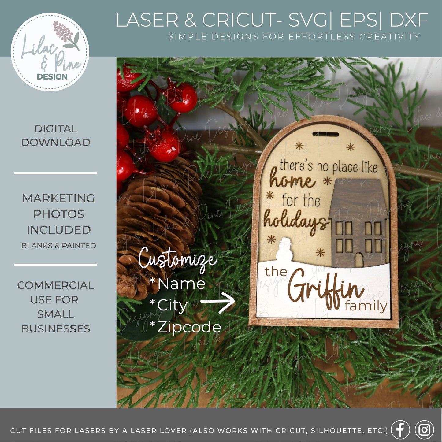 Snowy House Ornament SVG – Home for the Holidays Arch design - customizable ornament - laser cut file